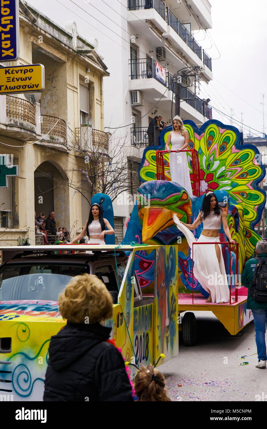 Xanthi, Greece Carnival Queen, wearing a crown on a parade float. Greek