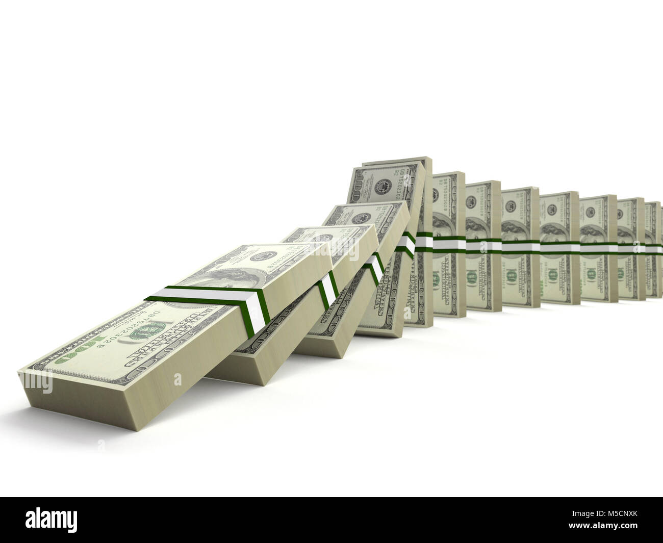 Wads of 100 dollar bills set to initiate domino effect Stock Photo
