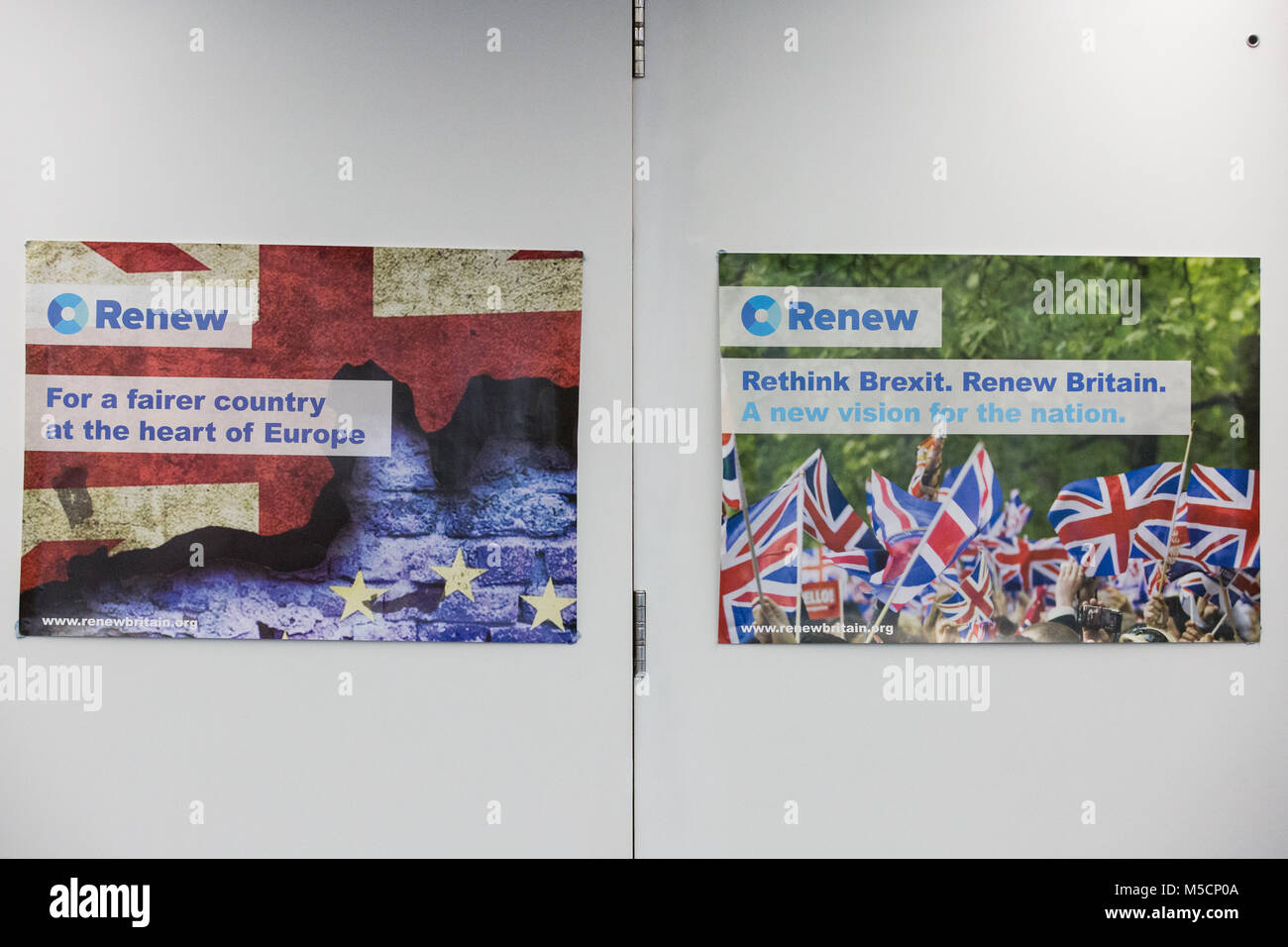 London, UK. 19th February, 2018. Marketing materials at the launch of the Renew Political Party in Westminster. Renew uses a centrist platform to addr Stock Photo