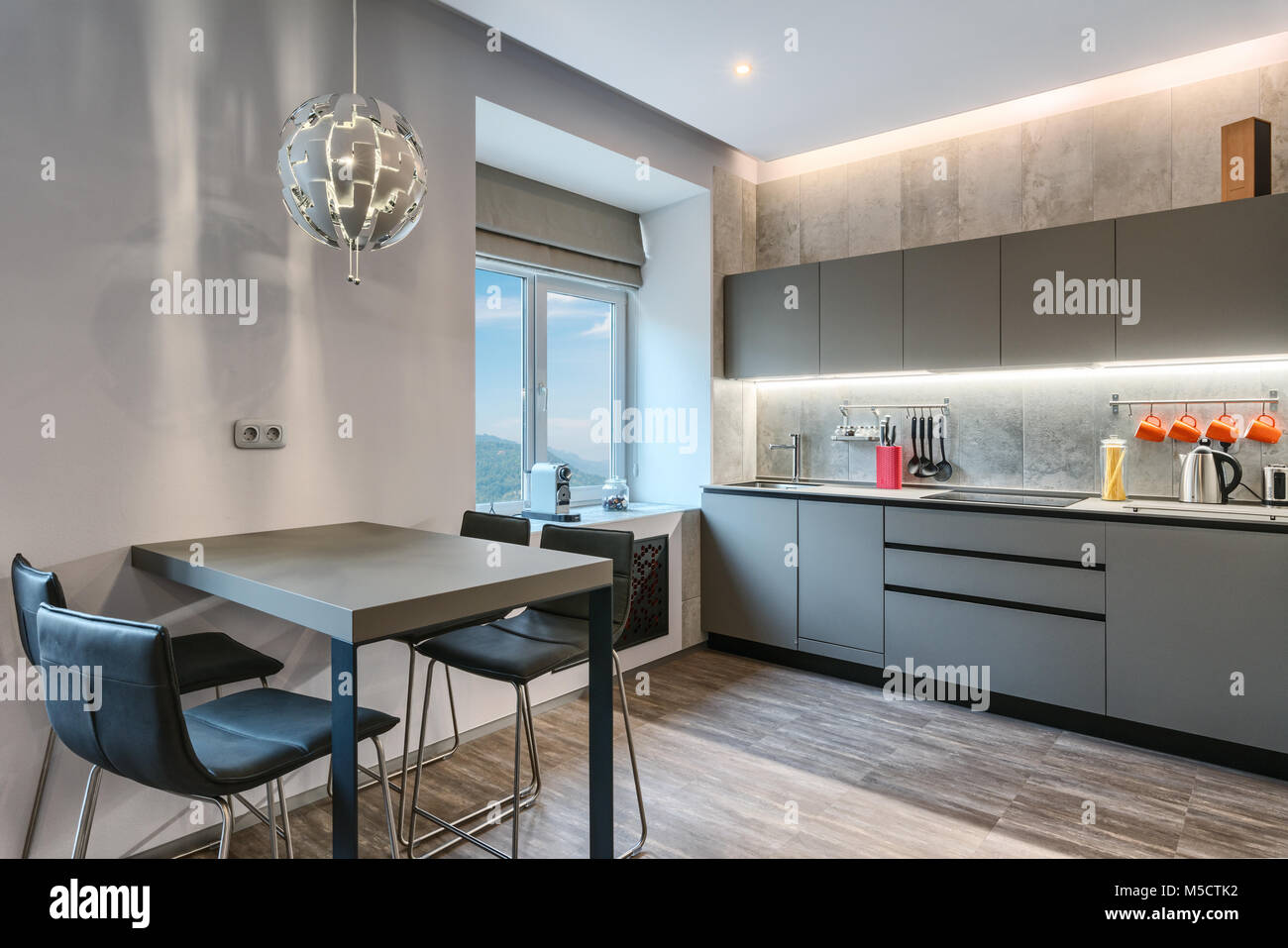 Modern gray kitchen interior Stock Photo - Alamy