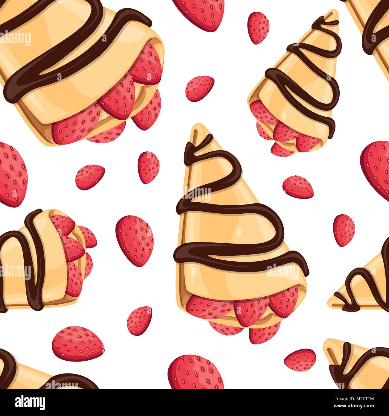 Seamless pattern of crepe with strawberry and chocolate tasty pancakes vector illustration on white background web site page and mobile app design. Stock Vector