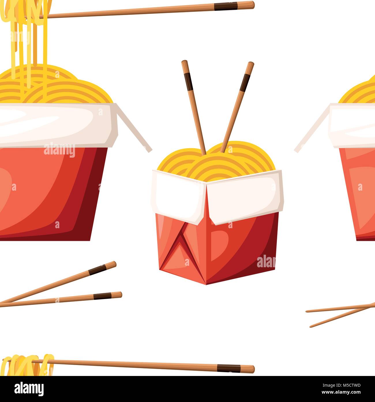 Seamless pattern of chinese restaurant take away red food box with noodles and sticks vector illustration on white background web site page and mobile Stock Vector
