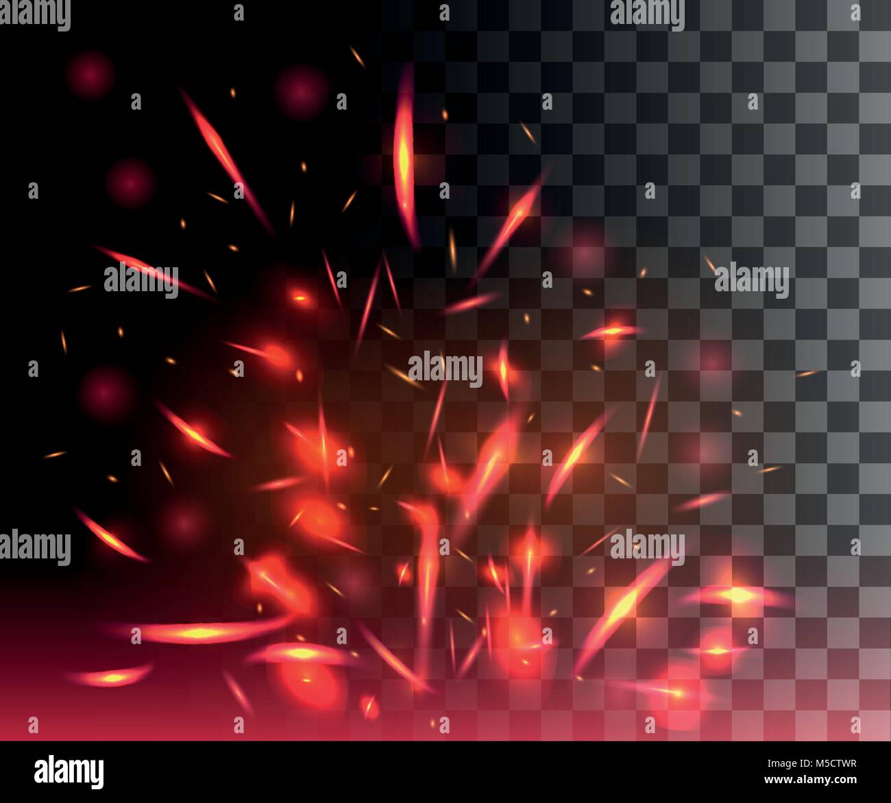 Red flame of fire with sparks flying up glowing particles on dark