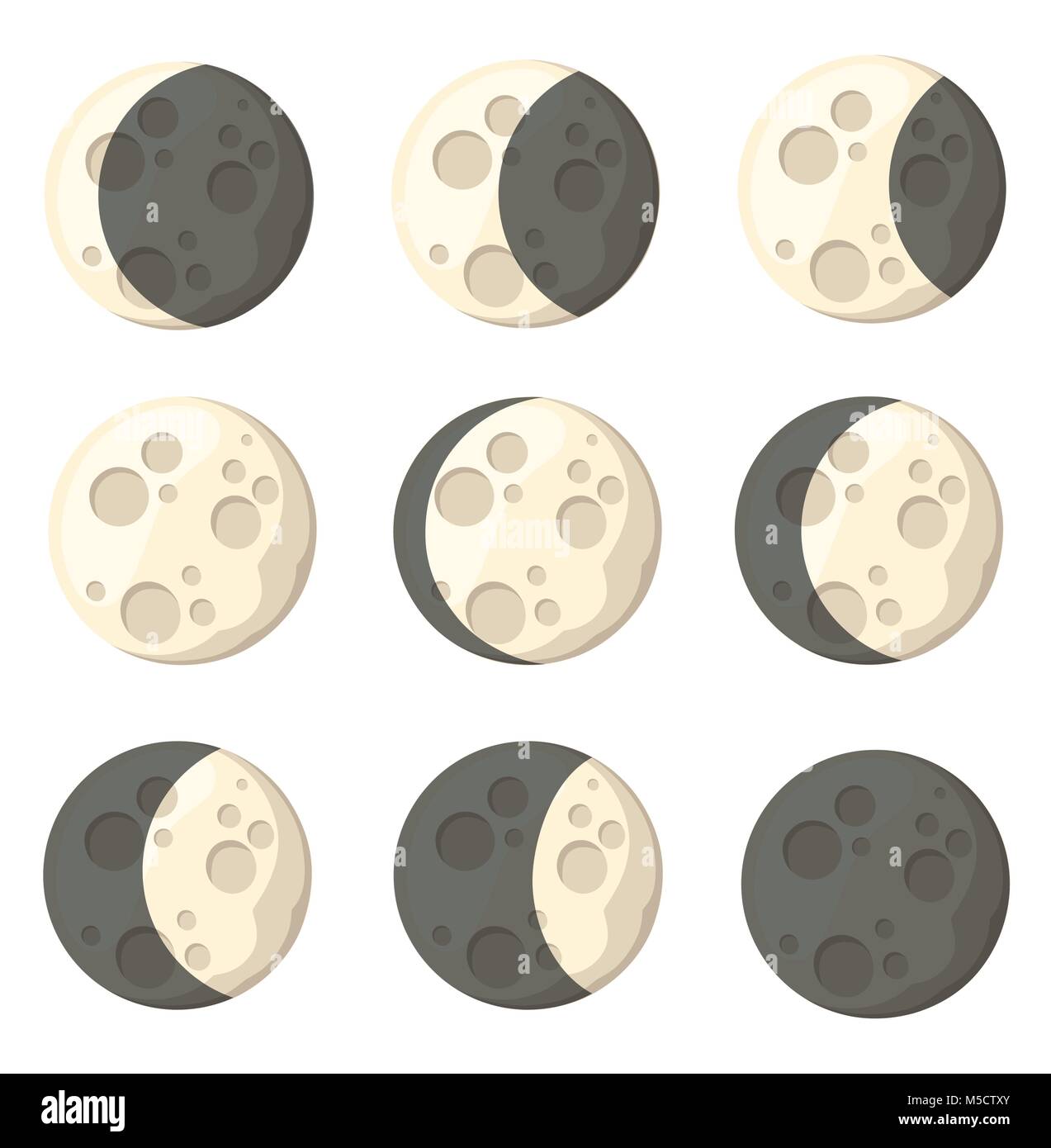 Set of different moon phases space object natural satellite of the earth vector illustration isolated on white background web site page and mobile app Stock Vector