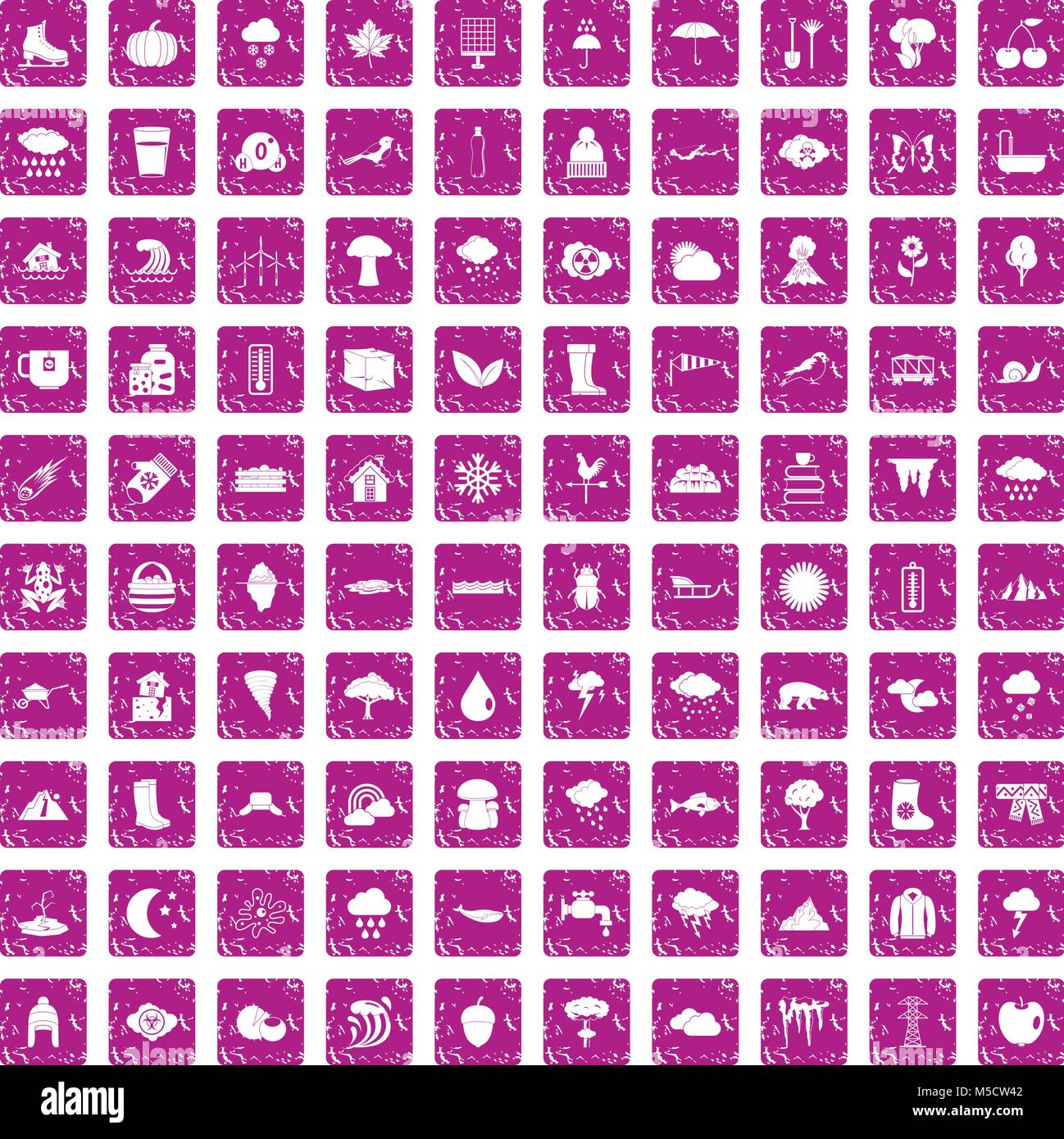 100 clouds icons set grunge pink Stock Vector