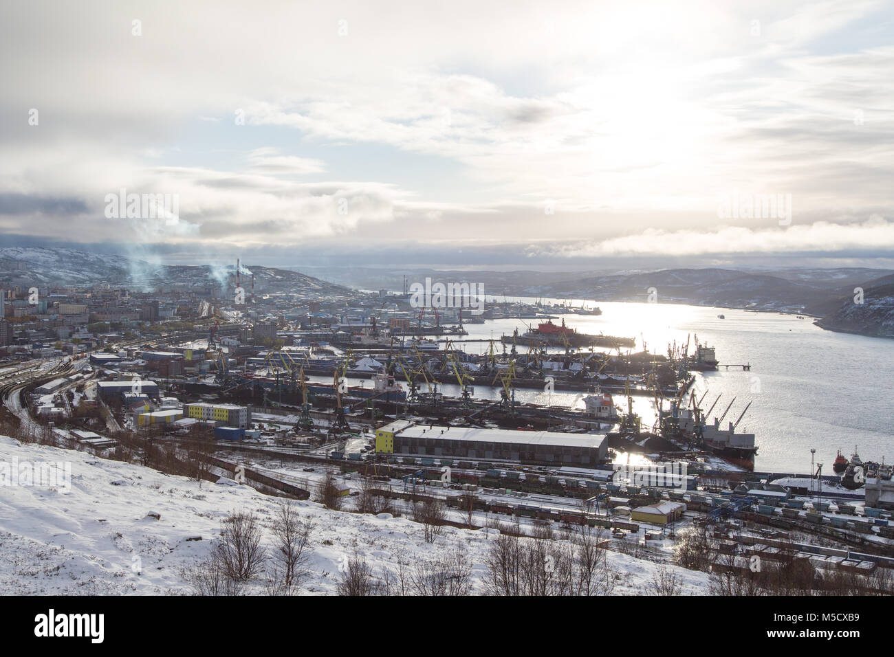 Murmansk, Russia - October 20th, 2017: Murmansk, view on a city and sea moorings with top. Stock Photo