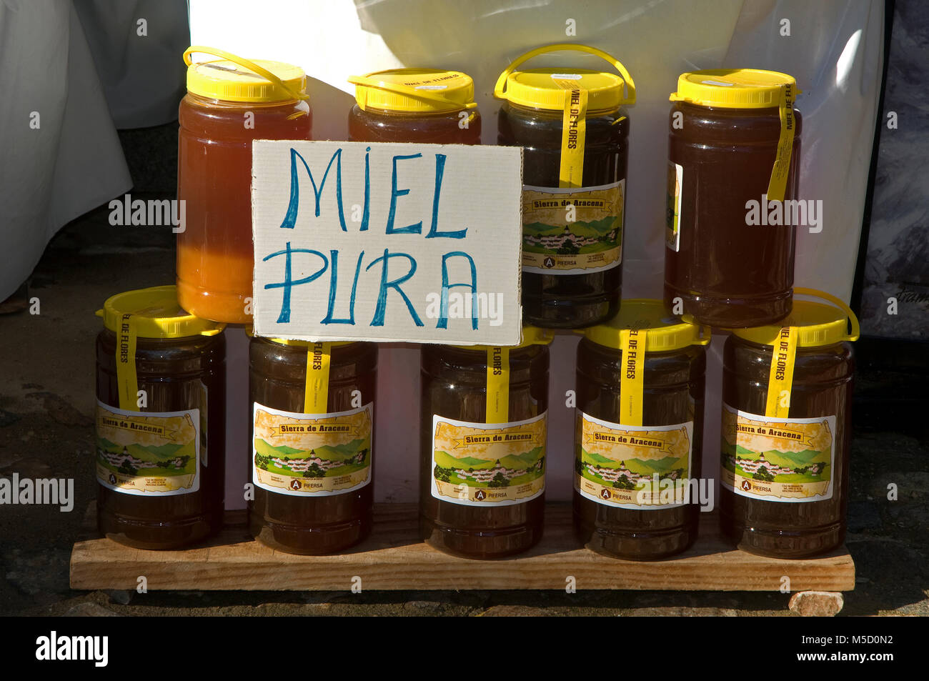 Sale of honey jars, Sierra de Aracena, Alajar, Huelva province, Region of Andalusia, Spain, Europe Stock Photo