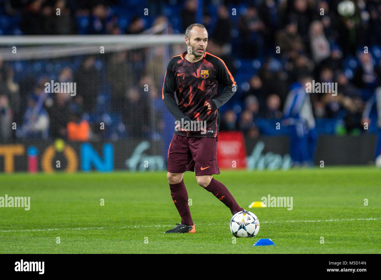 LONDON, ENGLAND - FEBRUARY 20: Andrés Iniesta (8) of FC Barcelona during the UEFA Champions League Round of 16 First Leg  match between         Chelsea FC and FC Barcelona at Stamford Bridge on February 20, 2018 in London, United Kingdom. Stock Photo