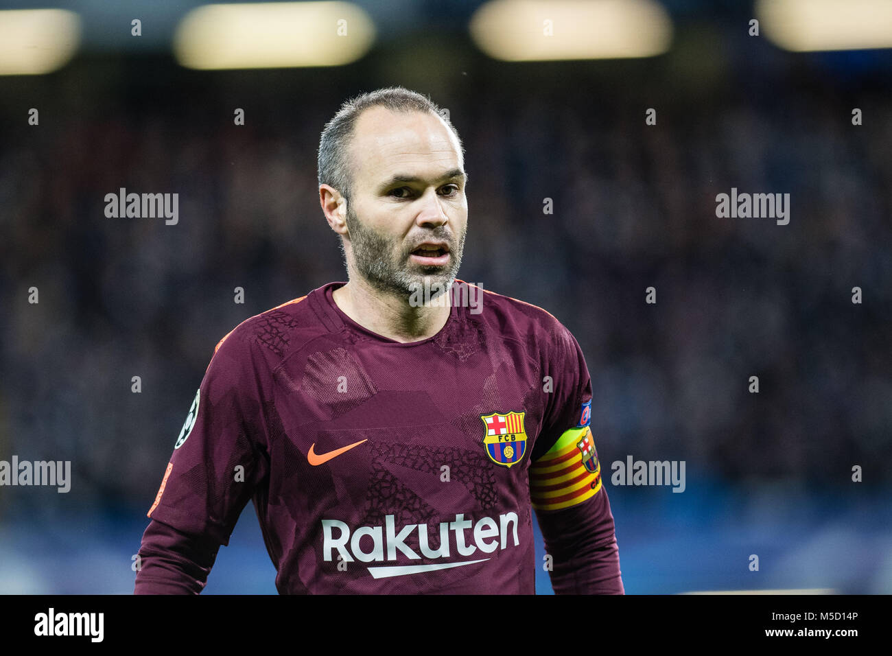 LONDON, ENGLAND - FEBRUARY 20: Andrés Iniesta (8) of FC Barcelona during the UEFA Champions League Round of 16 First Leg  match between         Chelsea FC and FC Barcelona at Stamford Bridge on February 20, 2018 in London, United Kingdom. Stock Photo