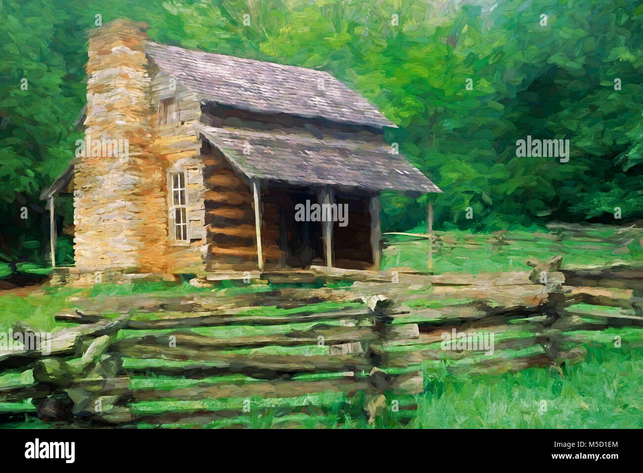 Impressionistic Art of the John Oliver Place in Cades Cove, Great Smoky Mountains National Park, Tennessee, United States Stock Photo