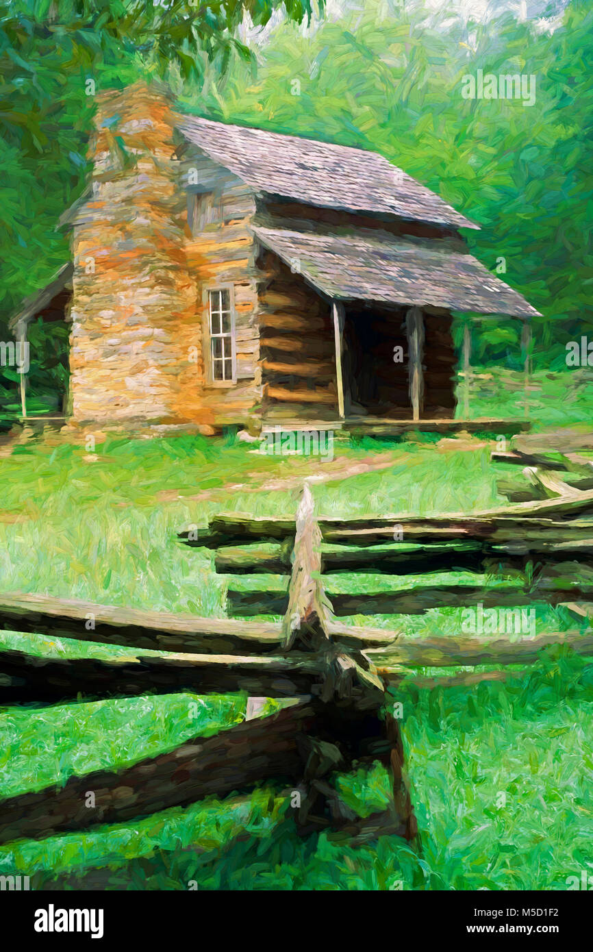 Impressionistic Art of the John Oliver Place in Cades Cove, Great Smoky Mountains National Park, Tennessee, United States Stock Photo