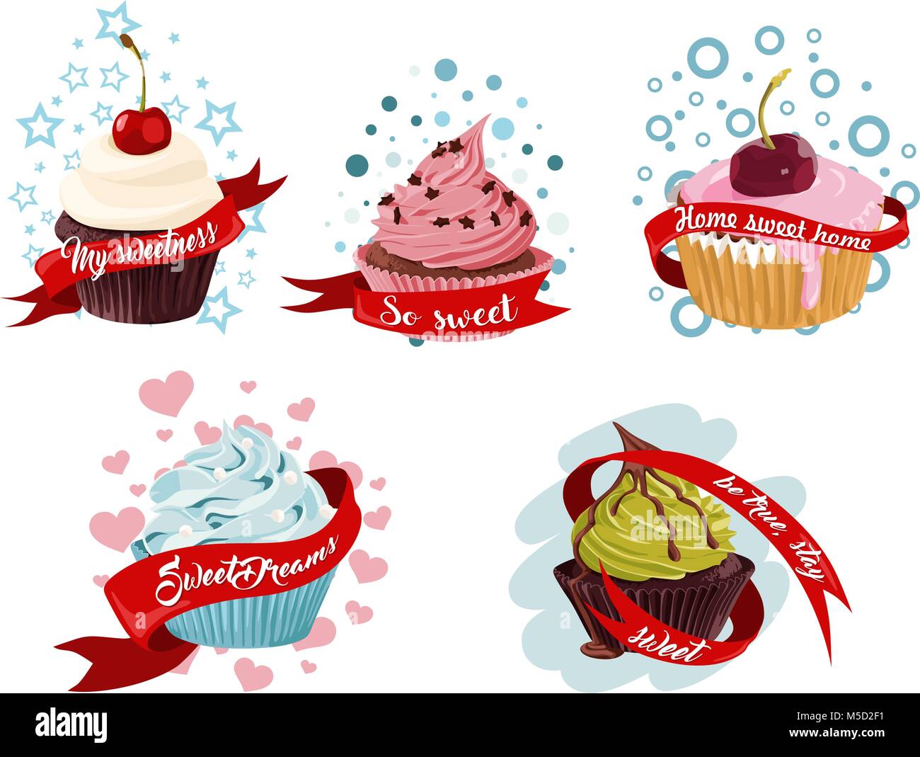 Sweet Cupcake vector ClipArt Set of 5 vector images of cupcakes with red ribbons for your creativity Stock Vector