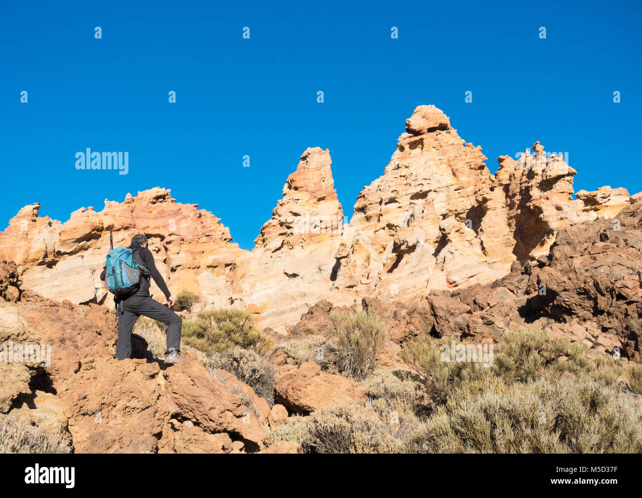 Male hiker near pumice rock formations Piedras Amarilla (yellow rocks ...