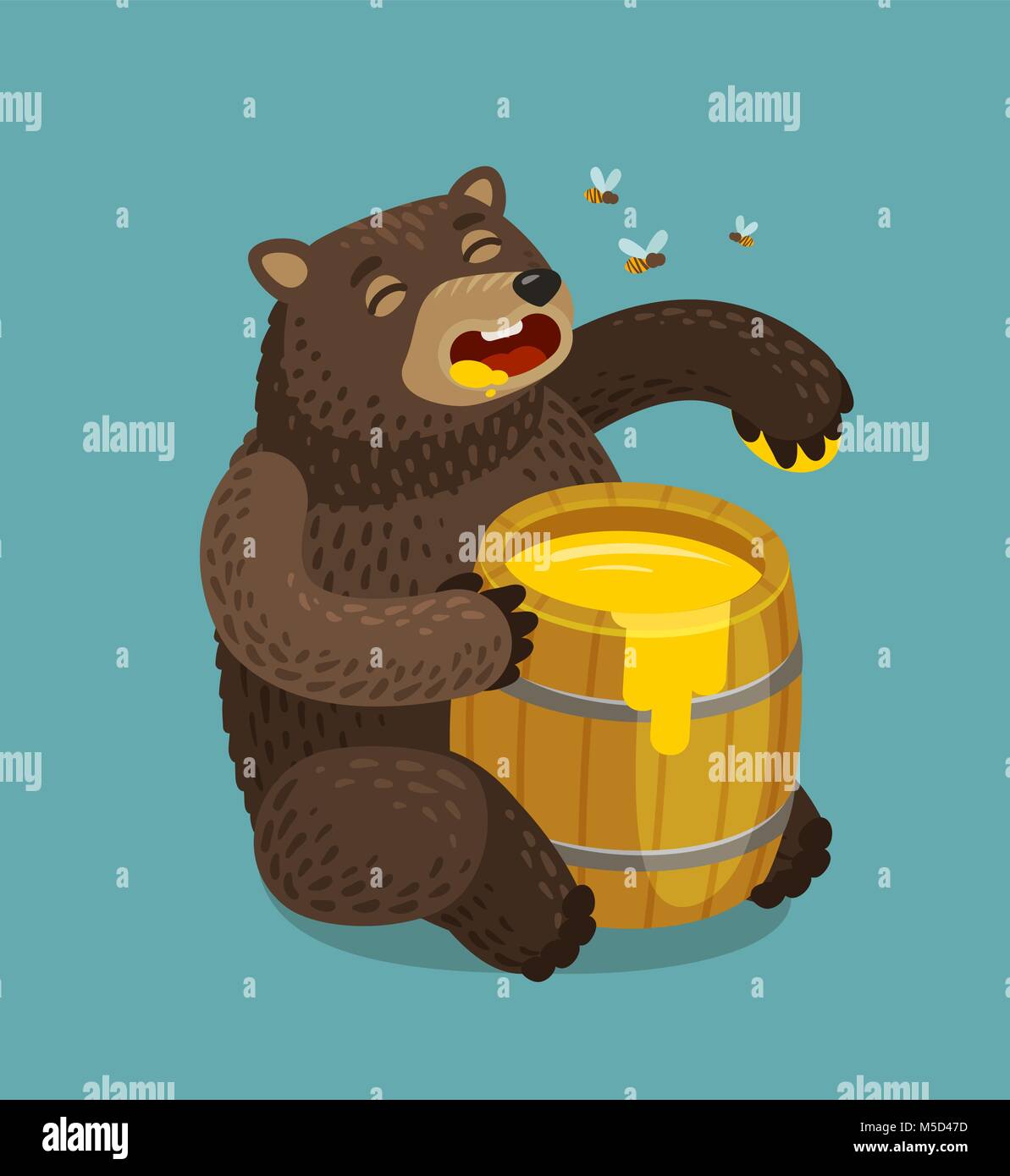 Happy bear eats out of keg of sweet honey. Cartoon vector illustration Stock Vector