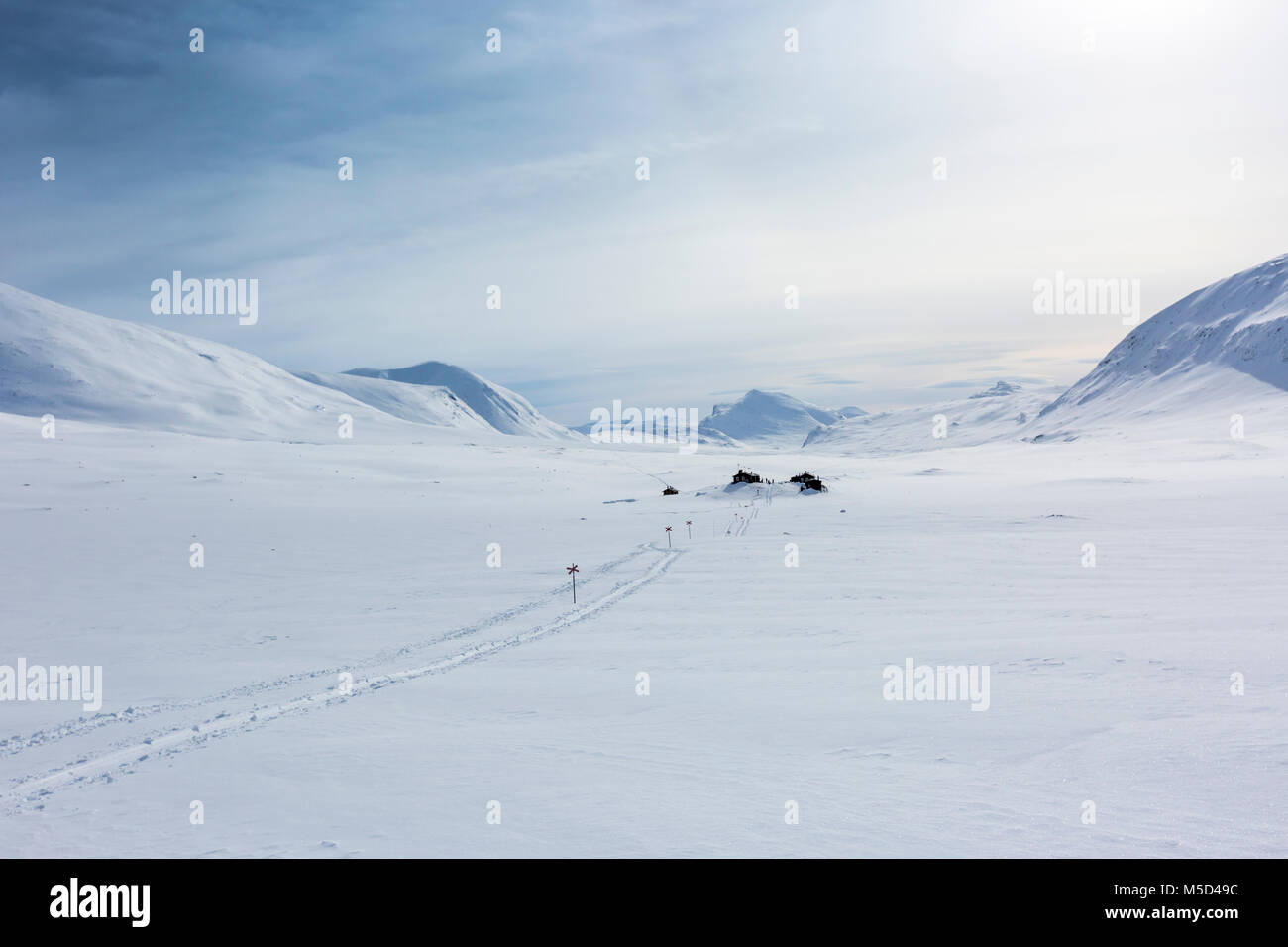 Track with markings in winter in front of Sälka, Kungsleden or Königsweg, Province of Lapland, Sweden, Scandinavia Stock Photo