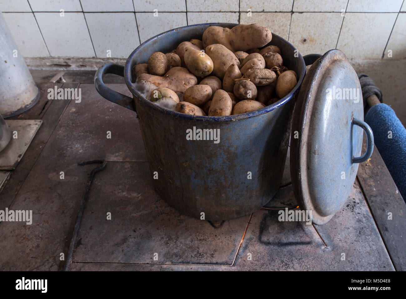 Potatoes in a pot for cattle feed on an old kitchen stove, woodstove, Bavaria, Germany Stock Photo