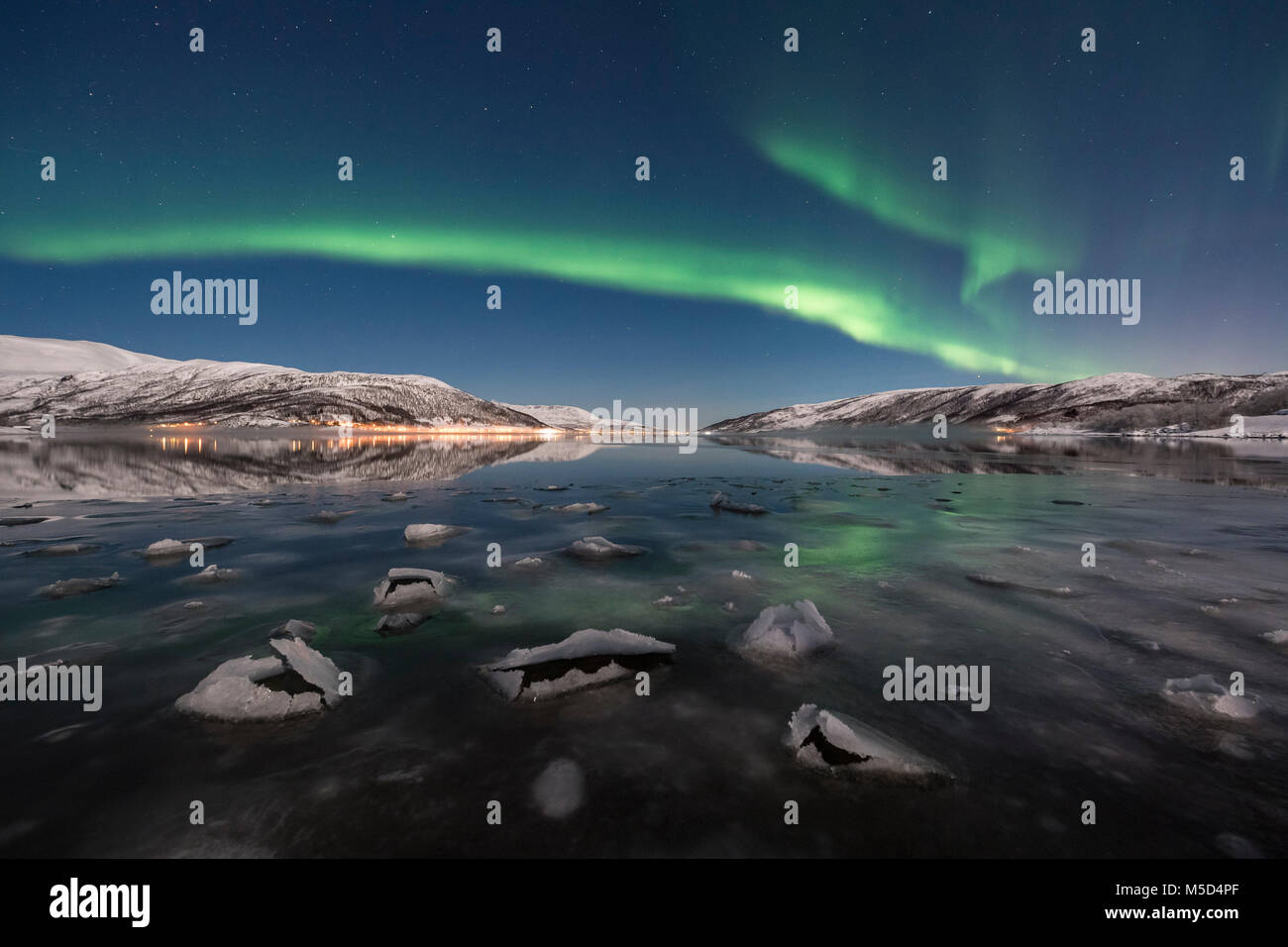 Northern lights over fjord with ice floes, island of Senja, Troms, Norway Stock Photo