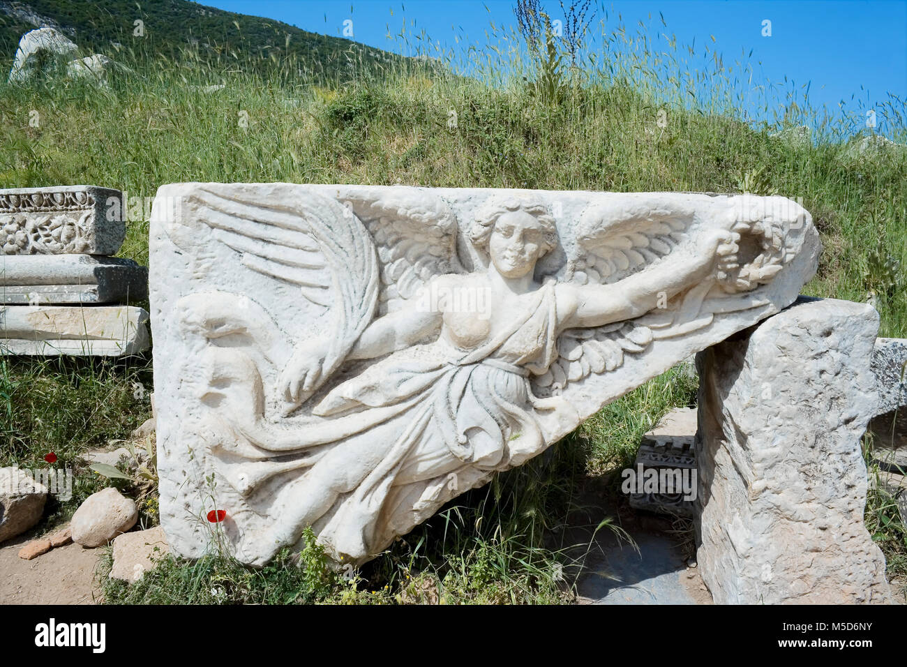 Historic relief sculpture of Nike, goddess of victory, Ephesus, Turkey Stock Photo