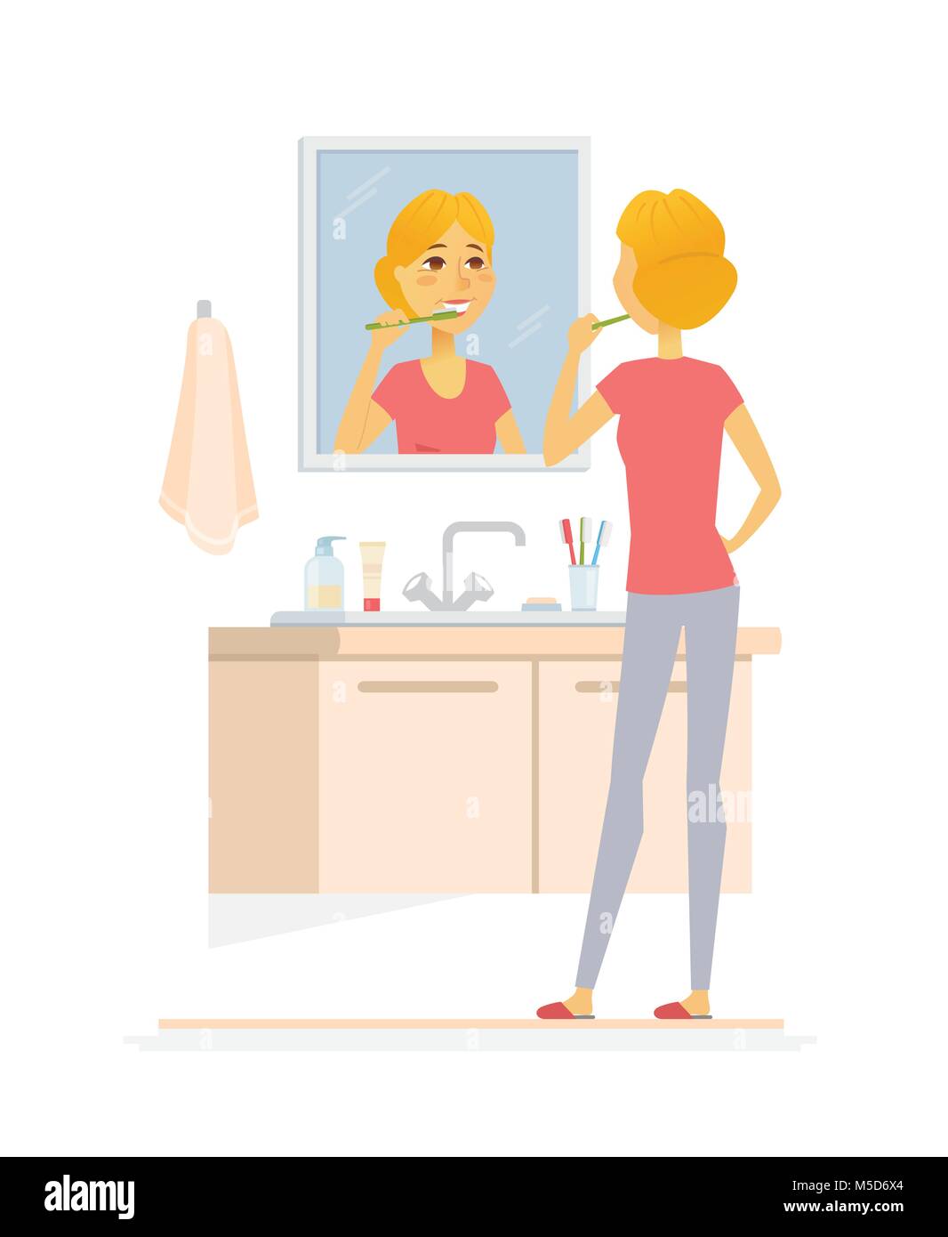 Young woman brushing her teeth - cartoon people character isolated illustration Stock Vector