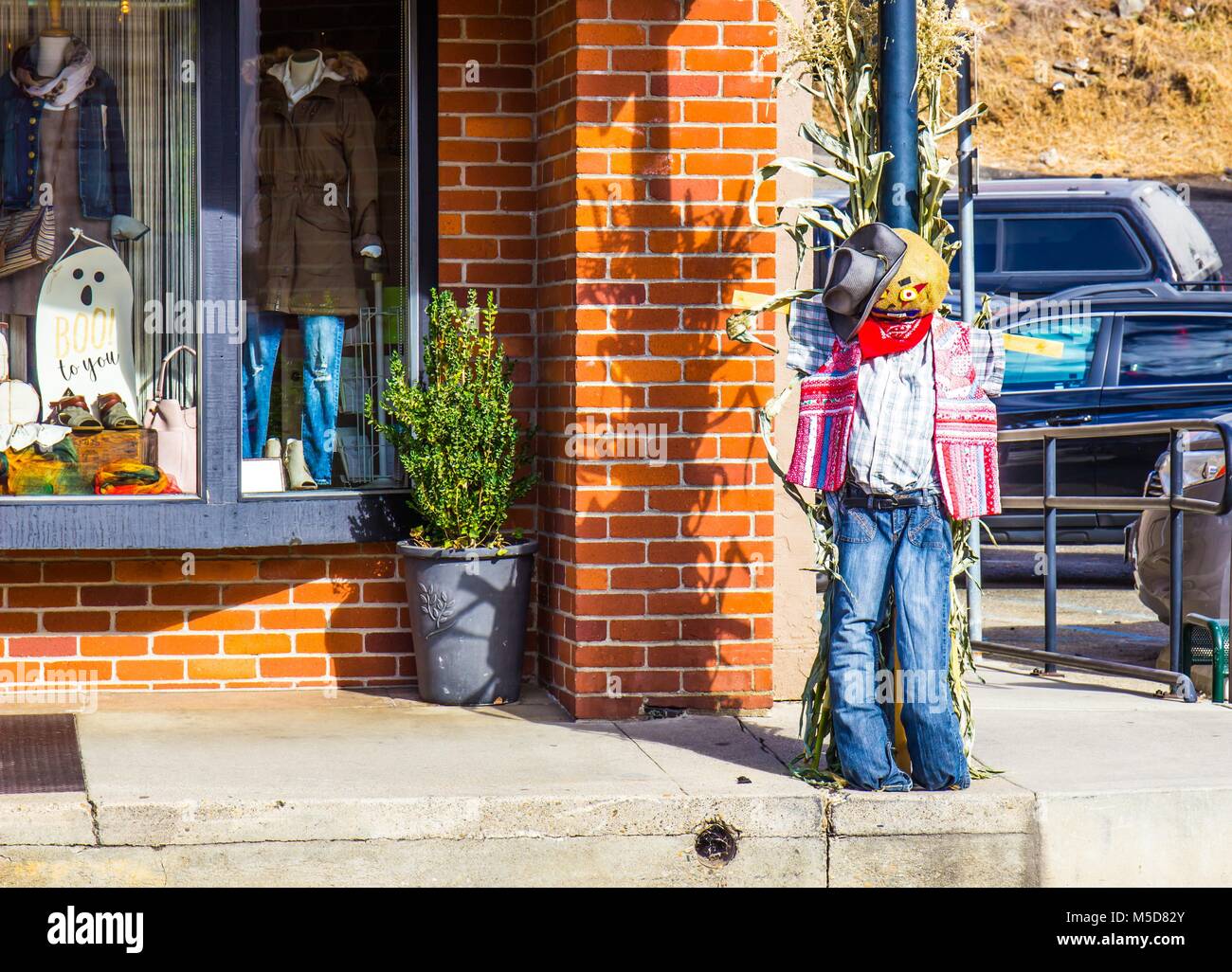Scarecrow Decorating Small Town Street Stock Photo