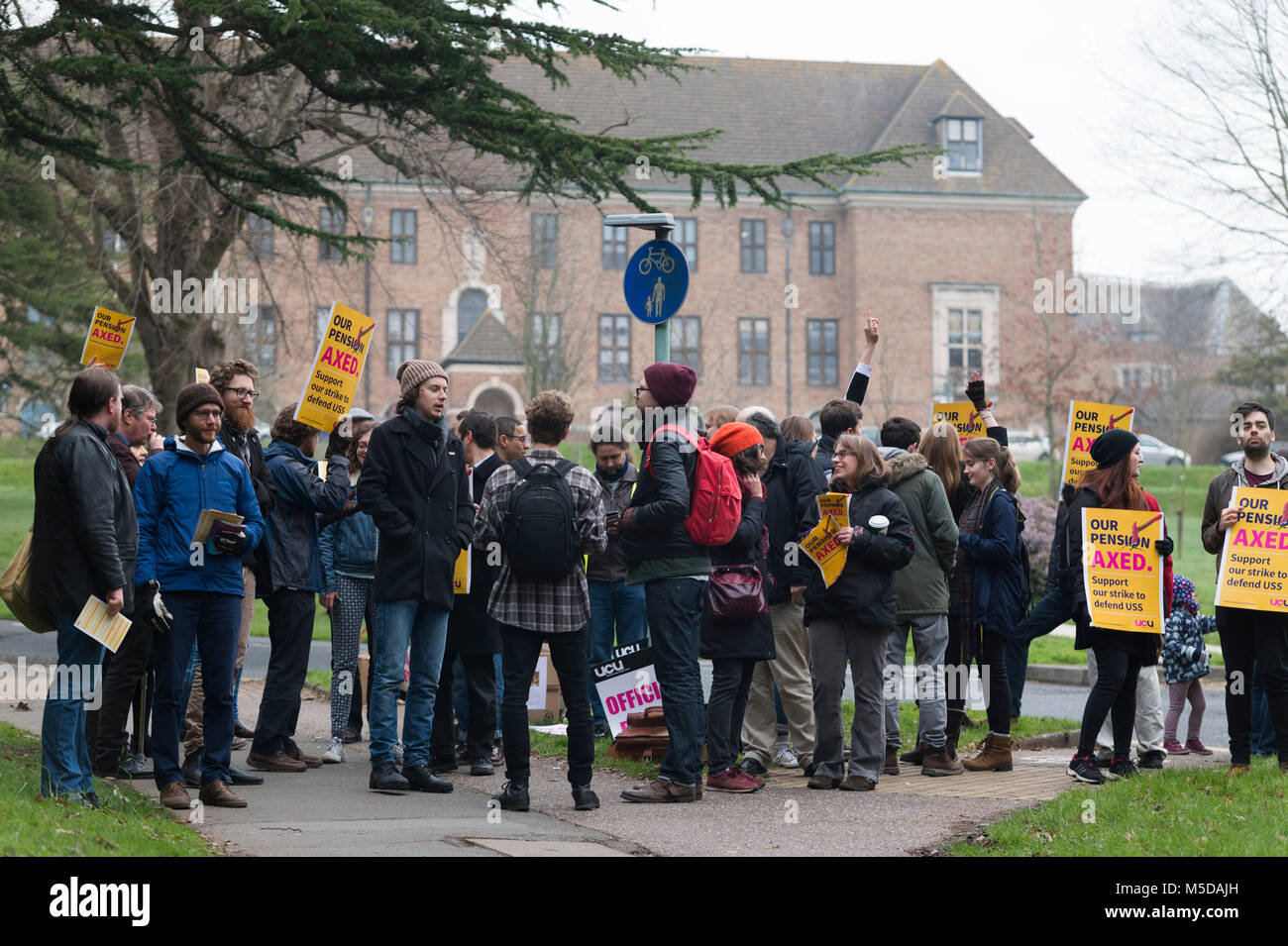 Exeter, Devon, UK. 22nd February, 2018. University teaching staff from the University and College Union (UCU) form a picket line outside the University of Exeter as they strike over pension disputes. Credit: Theo Moye/Alamy Live News Stock Photo