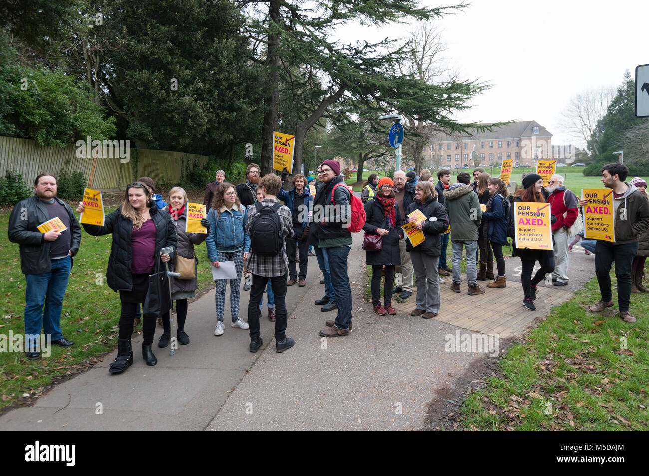 Exeter, Devon, UK. 22nd February, 2018. University teaching staff from the University and College Union (UCU) form a picket line outside the University of Exeter as they strike over pension disputes. Credit: Theo Moye/Alamy Live News Stock Photo