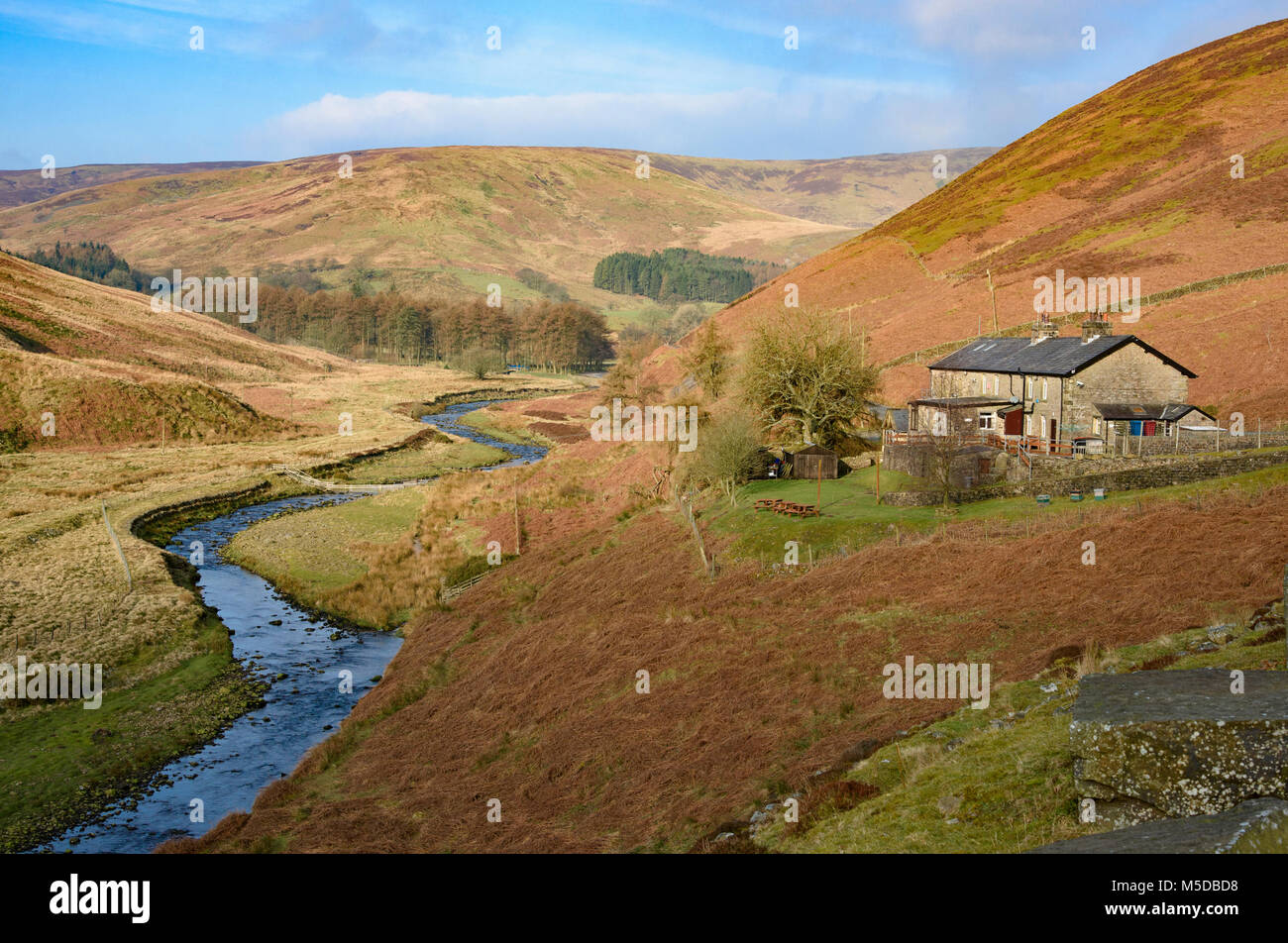 Bowland, UK. 22nd February, 2018. A beautiful morning at Smelt Mill near Dunsop Bridge in the Trough of Bowland, Lancashire, England, United Kingdom. The cottages are the head quarters of the Bowland Pennine Mountain Rescue Team. Credit: John Eveson/Alamy Live News Stock Photo