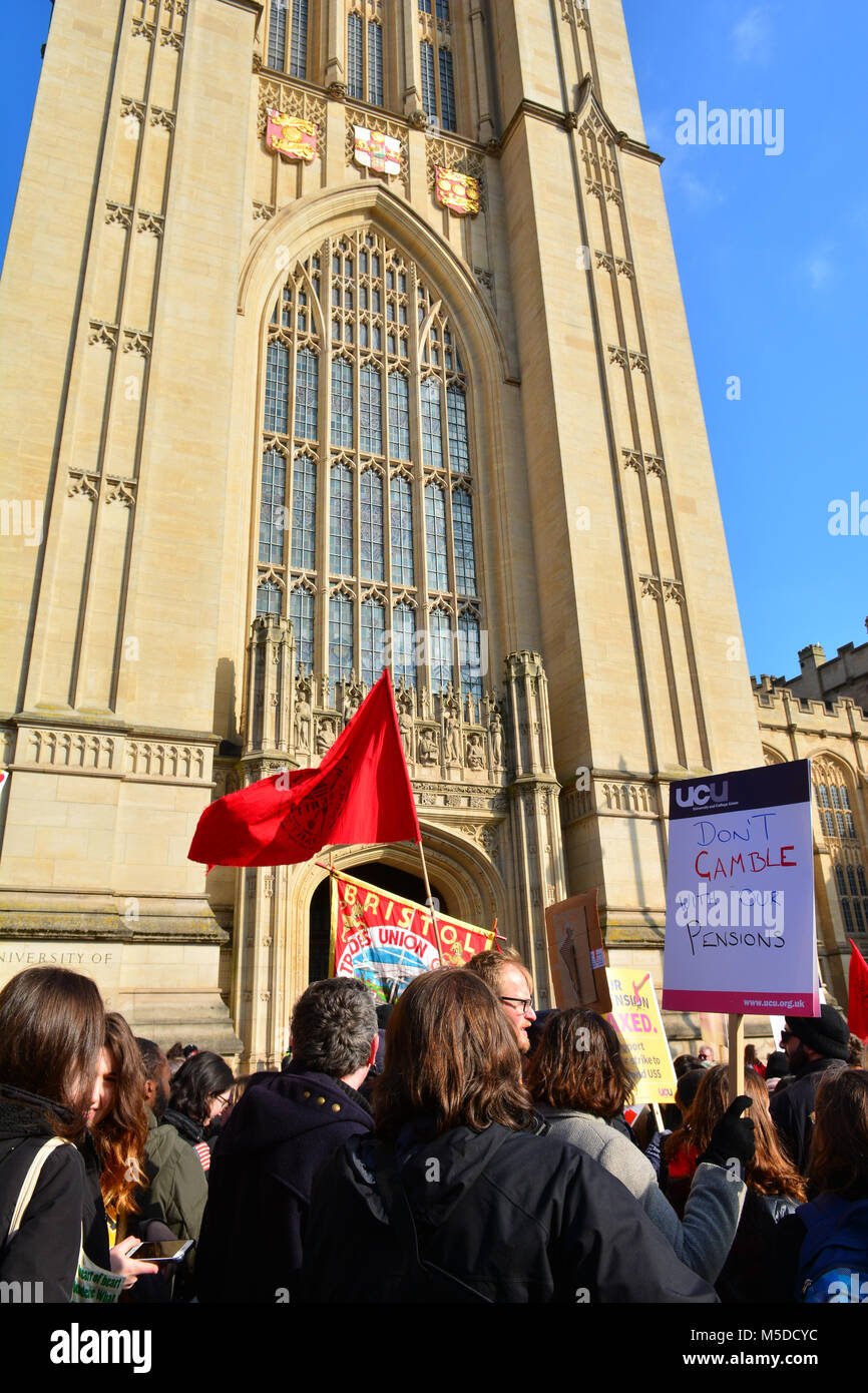 Bristol, UK. 22nd February, 2018. Bristol University top of Park Street ,Wills Memorial Building where students are holding an official picket demo on Pensions. Robert Timoney/Alamy/Live/News Stock Photo