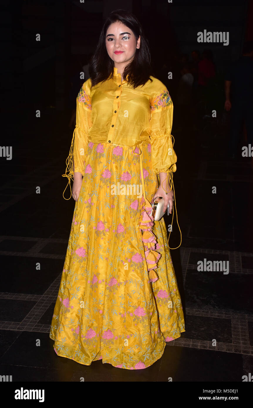 Mumbai, Maharashtra, India. 21st Feb, 2018. Indian film actress Zaira Wasim attend the film 'Secret Superstar' success party at hotel Grand Hyatt in Mumbai on 22 Feb, 2018. Azhar Khan/ZUMA Press Credit: Azhar Khan/ZUMA Wire/Alamy Live News Stock Photo