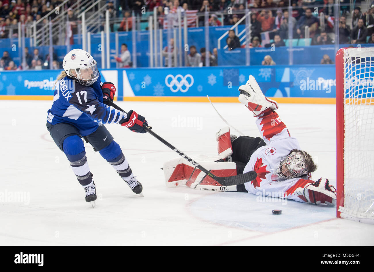Jocelyne LAMOUREUX-DAVIDSON (USA) links, verwandelt den entscheidenden Penalty, versus goalhueterin Shannon SZABADOS (CAN), rechts, Kanada (CAN) - Vereinigte Staaten von Amerika (USA) 2:3 after Penaltyschiessen n.P., Eishockey der Frauen, Finale Ice Hockey - Women's Gold Medal Game, Game 22, am 22.02.2018 Olympische Winterspiele 2018, vom 09.02. - 25.02.2018 in PyeongChang/ Suedkorea. |usage worldwide Stock Photo
