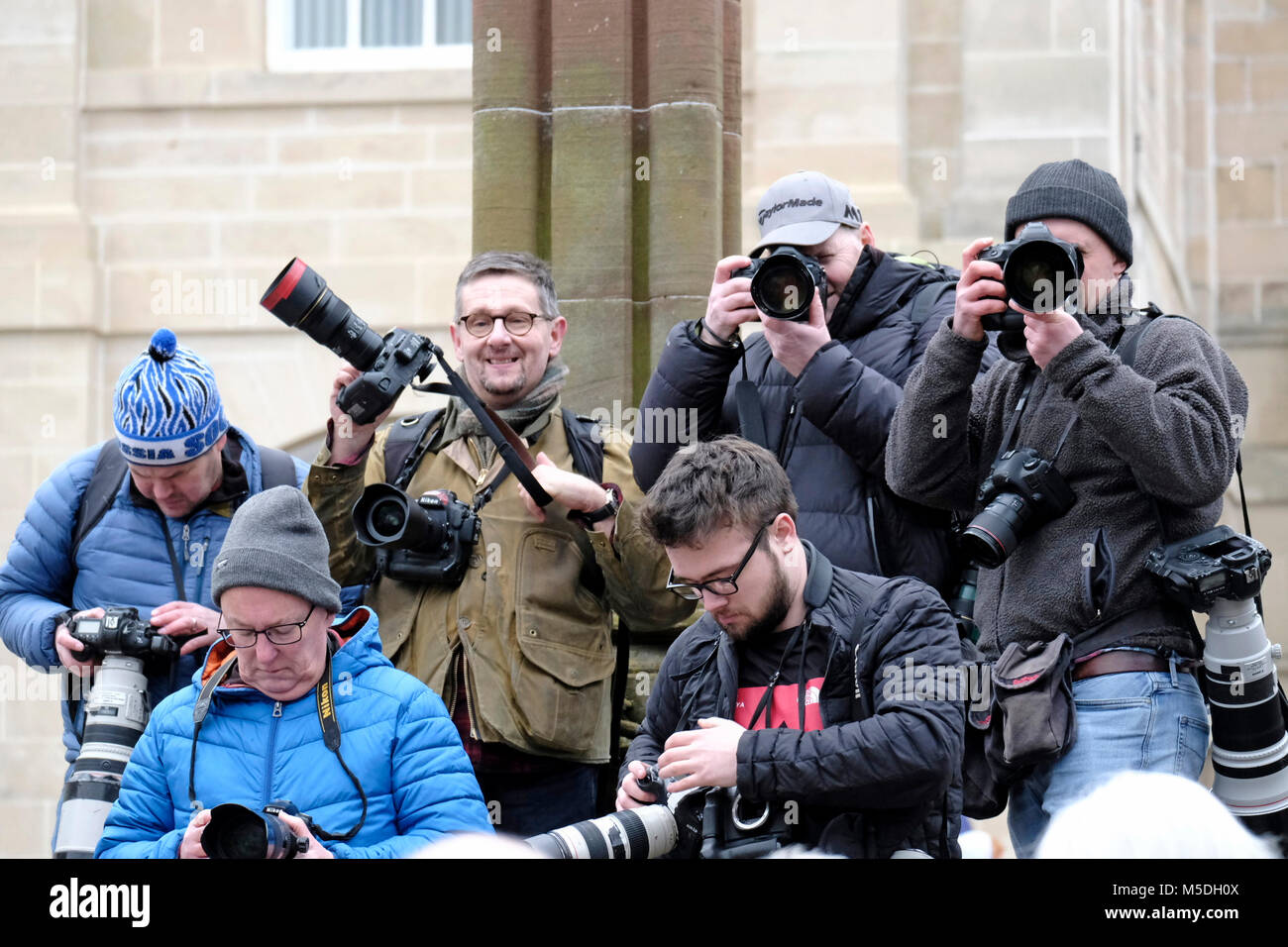 Jedburgh, Mercat Cross, UK. 22nd Feb, 2018. Jed Hand Ba' The annual game of hand ba' takes place every year the Thursday after Fastern's E'en. The tradition derives from 1548 when a party of Scots recaptured Ferniehirst Castle, a mile south of Jedburgh and used an Englishman's head in a celebratory game after the battle. Photographers from across the country arrive to document the event ( Credit: Rob Gray/Alamy Live News Stock Photo