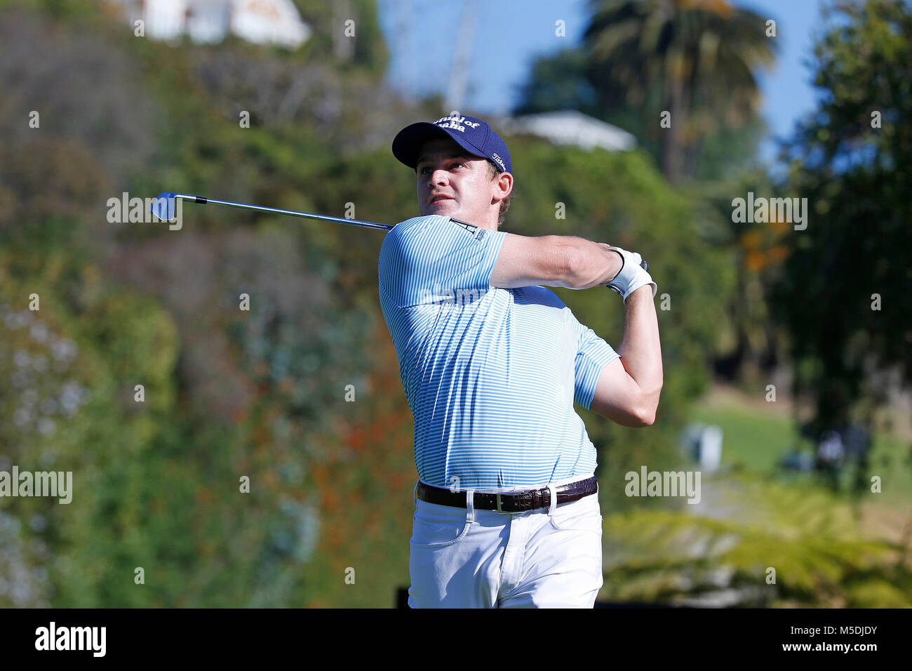 February 18, 2018 Bud Cauley hits a tee shot on the fourth hole during the final round of the Genesis Open golf tournament at the Riviera Country Club in Pacific Palisades, CA. Charles Baus/CSM Stock Photo