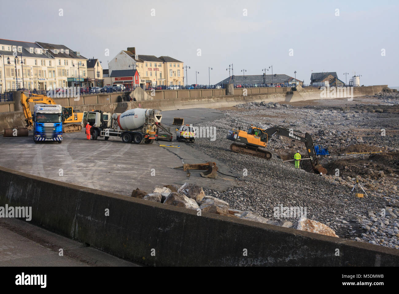 Porthcawl, UK. 22nd Feb 2018. Work started on replacement of Porthcawl's infamous concrete beach with a terreced structure in a sand colour. Credit: Andrew William Megicks/Alamy Live News. Stock Photo