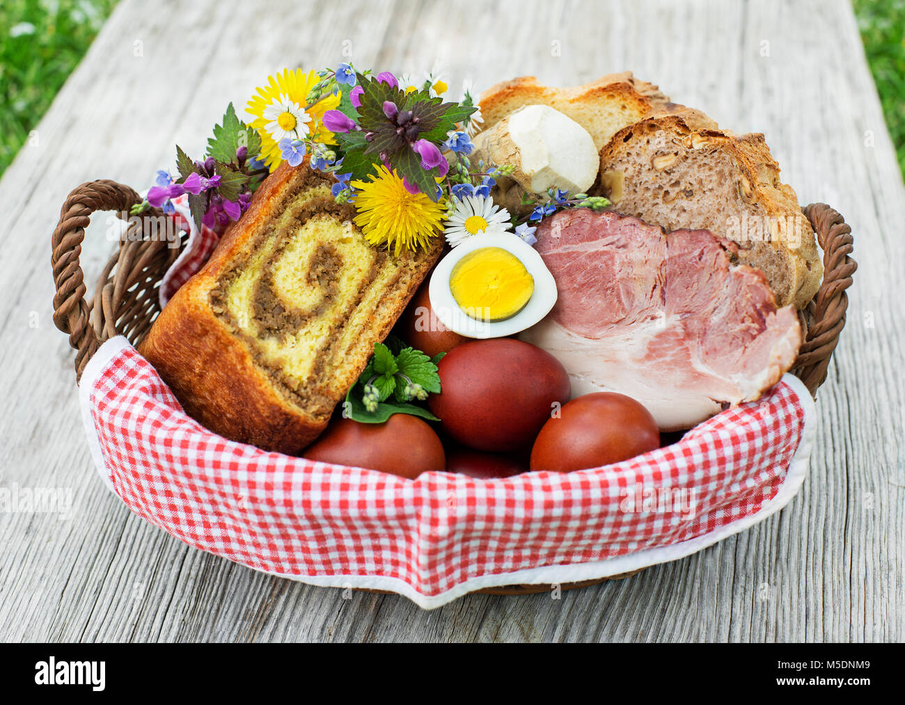 Easter traditional food with ham, eggs and bread in basket. Holidays  background outdoor Stock Photo - Alamy