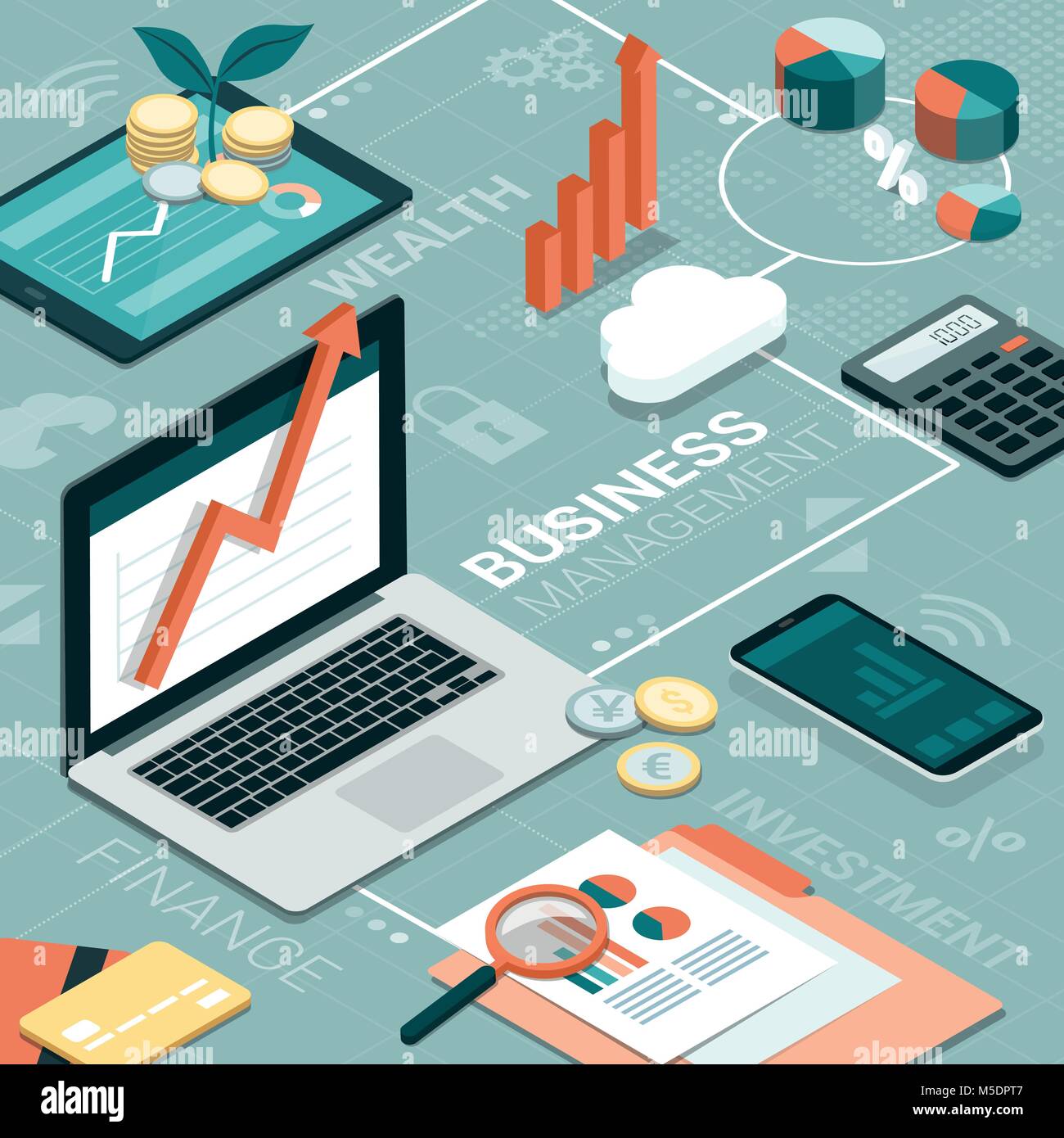 Laptop, tablet and smartphone on a corporate desktop and finance concepts: business management and investments Stock Vector
