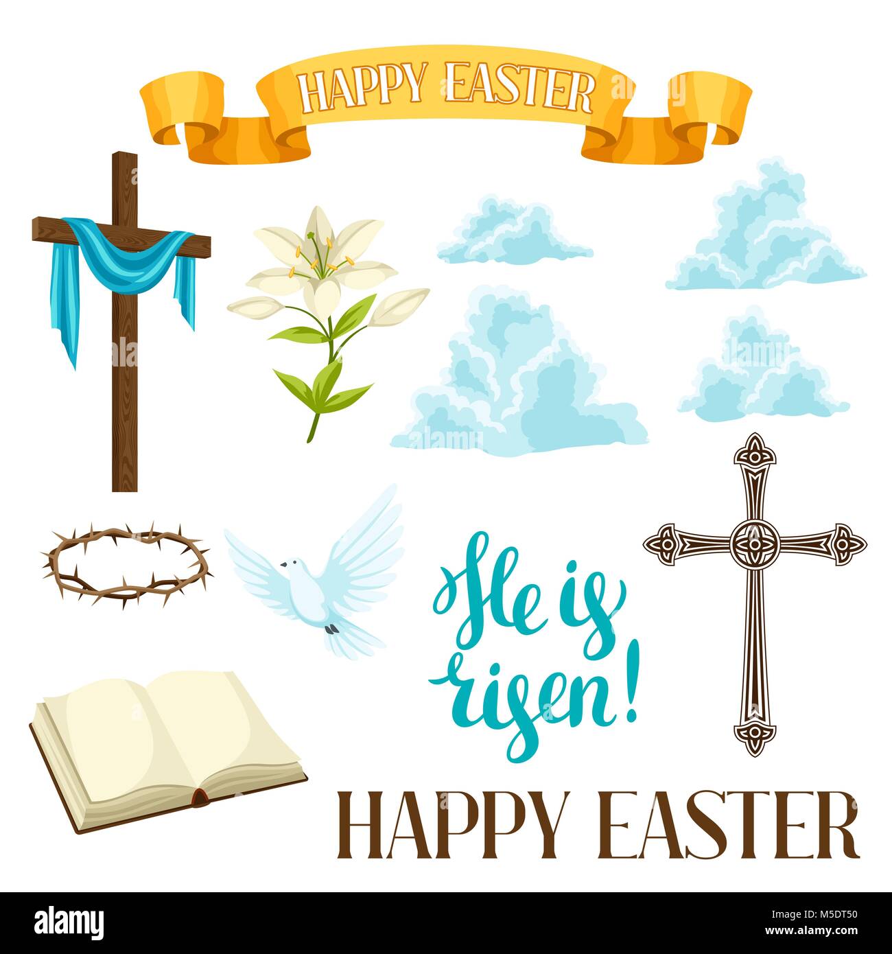 Happy Easter set of decorative objects. Religious symbols of faith Stock Vector