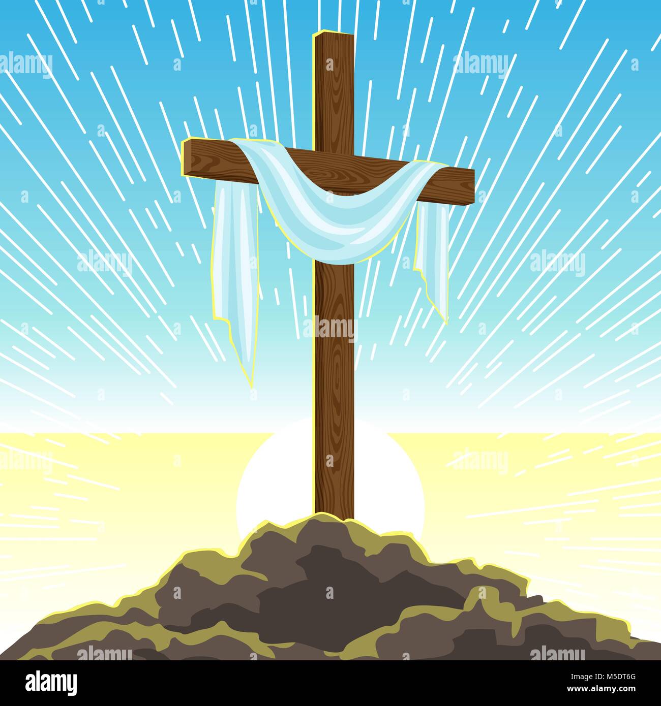 Silhouette of wooden cross with shroud. Happy Easter ...