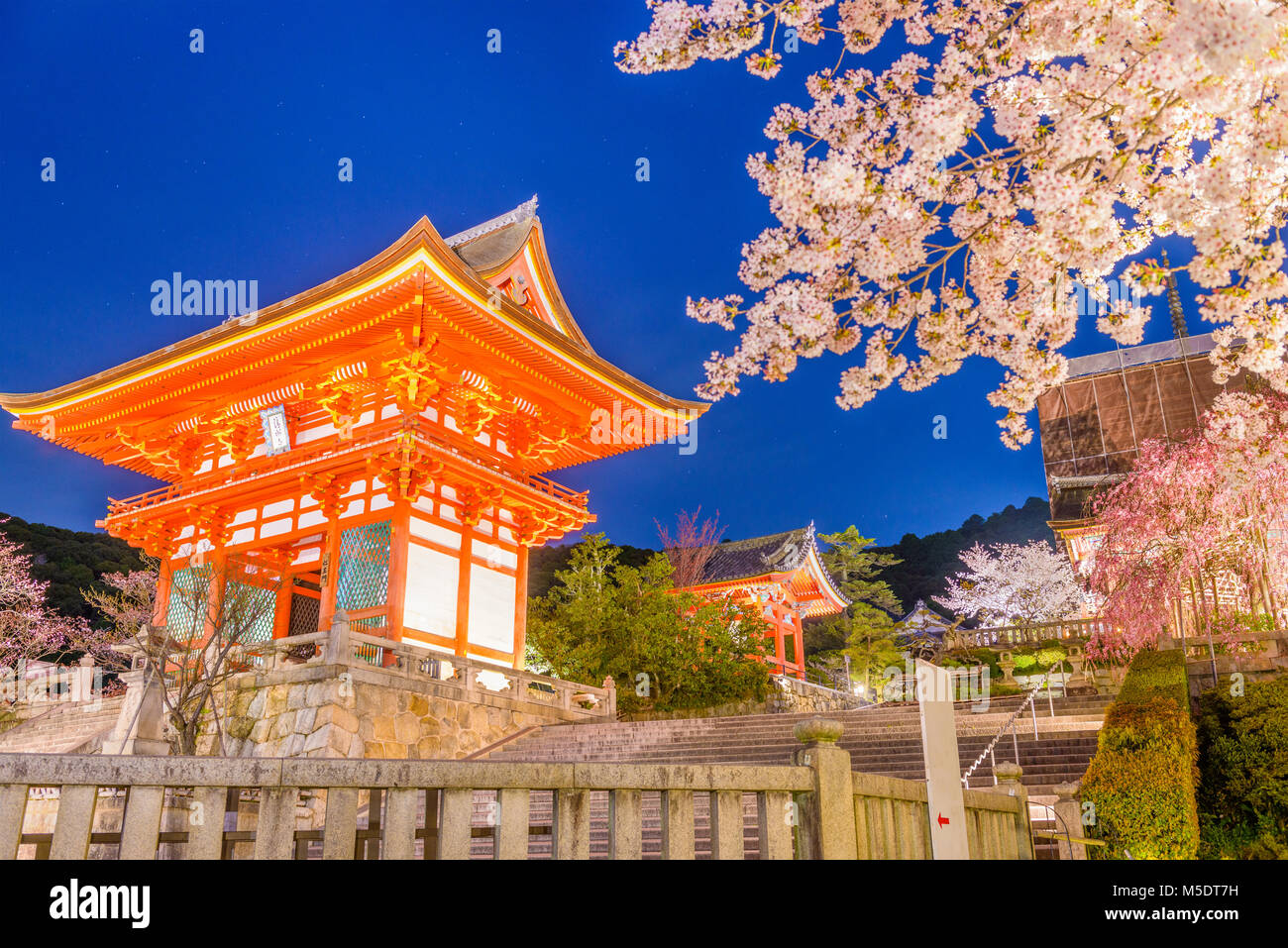 Kyoto, Japan at Kiyomizu-dera Temples Niomon gate during spring season. (signs read: 'Niomon Gate') Stock Photo