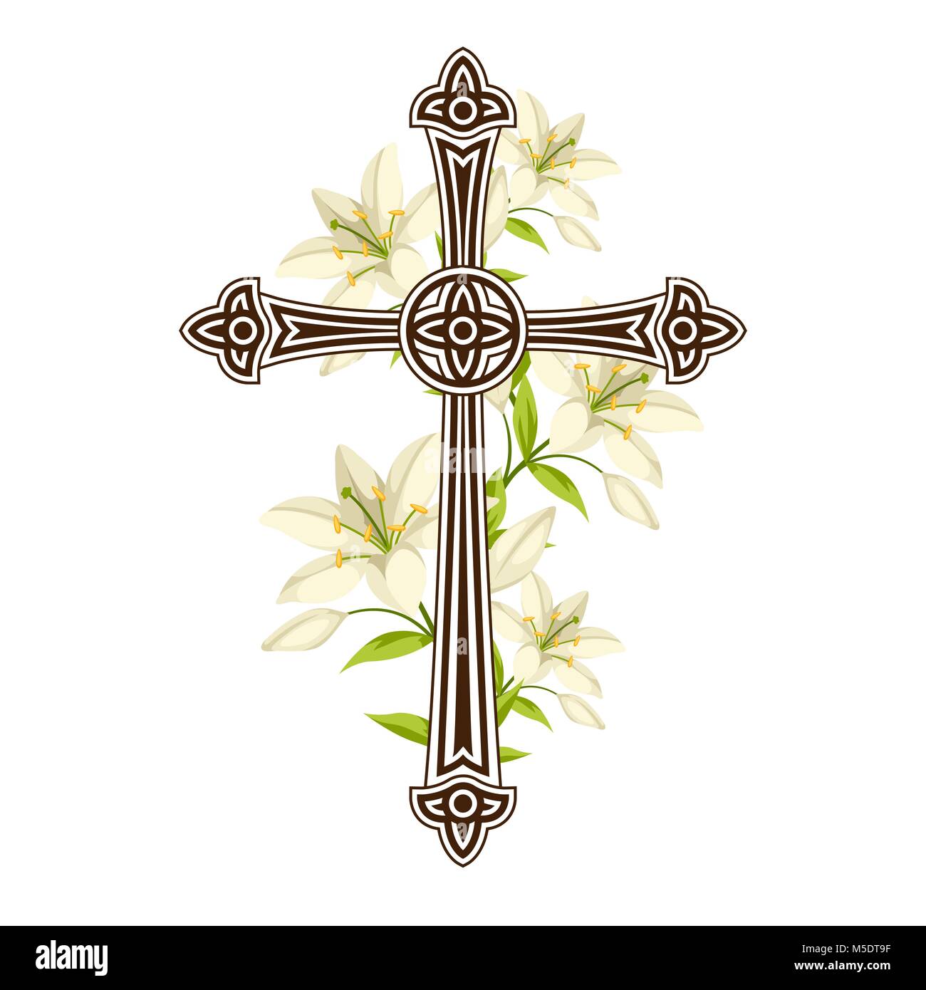 Silhouette of ornate cross with lilies. Happy Easter concept illustration or greeting card. Religious symbols of faith Stock Vector