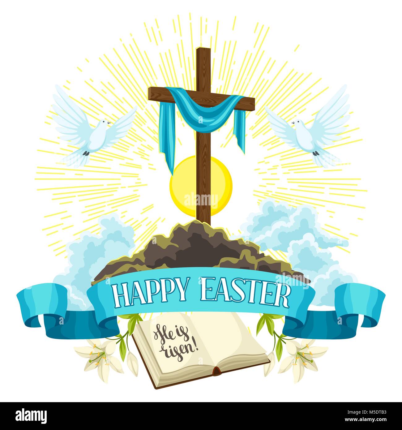 Wooden cross with shroud bible and doves. Happy Easter concept