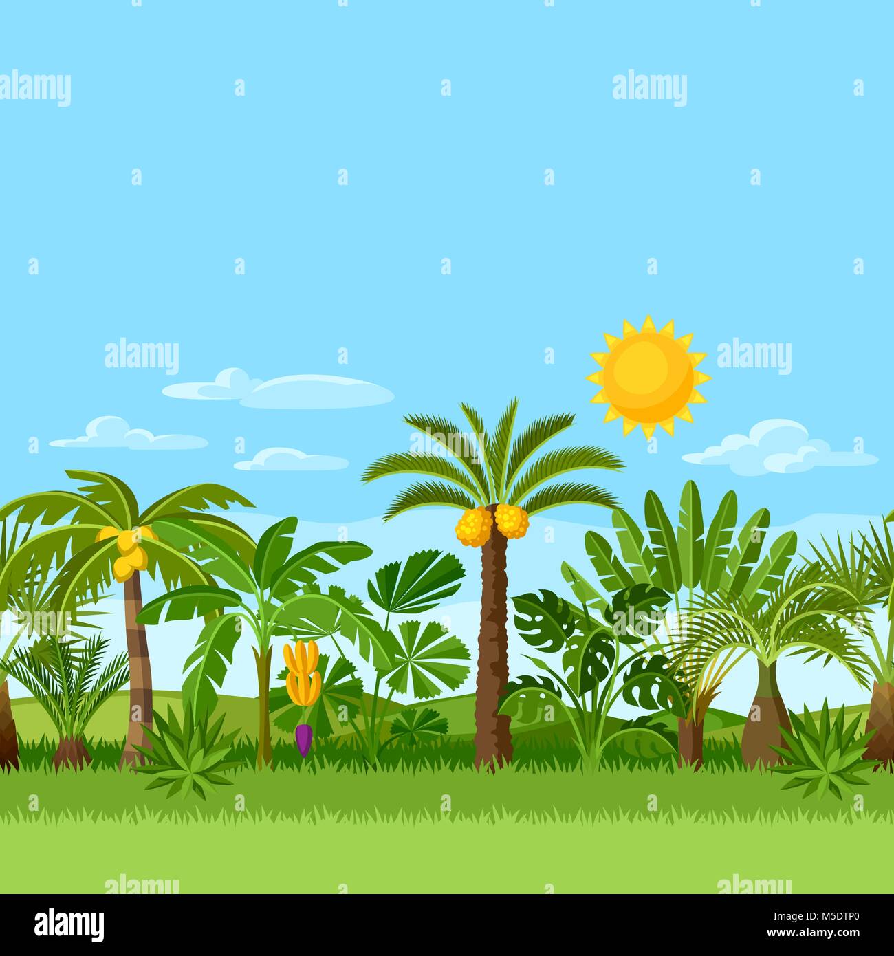 Seamless pattern with tropical palm trees. Exotic tropical plants Illustration of jungle nature Stock Vector