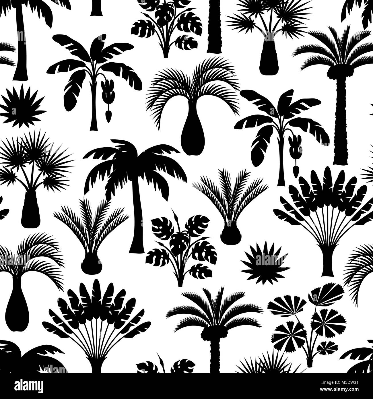 Seamless pattern with tropical palm trees. Exotic tropical plants Illustration of jungle nature Stock Vector