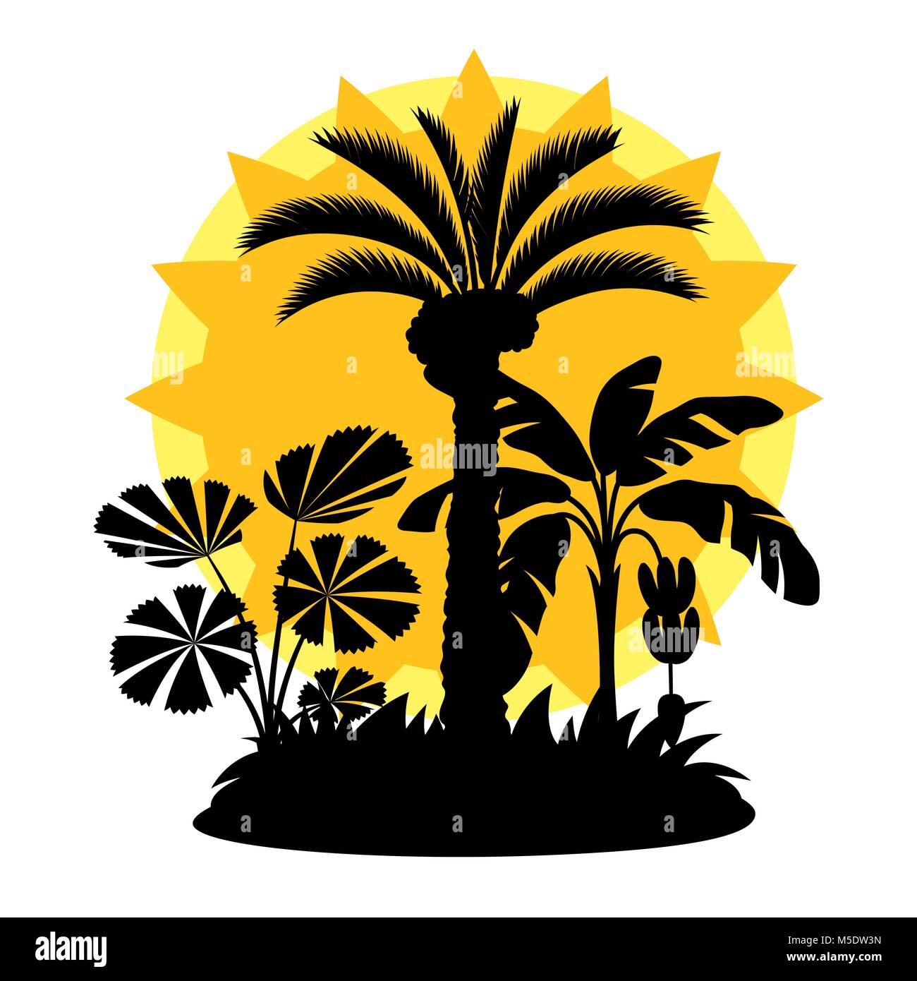Card with tropical palm trees. Exotic tropical plants Illustration of jungle nature Stock Vector