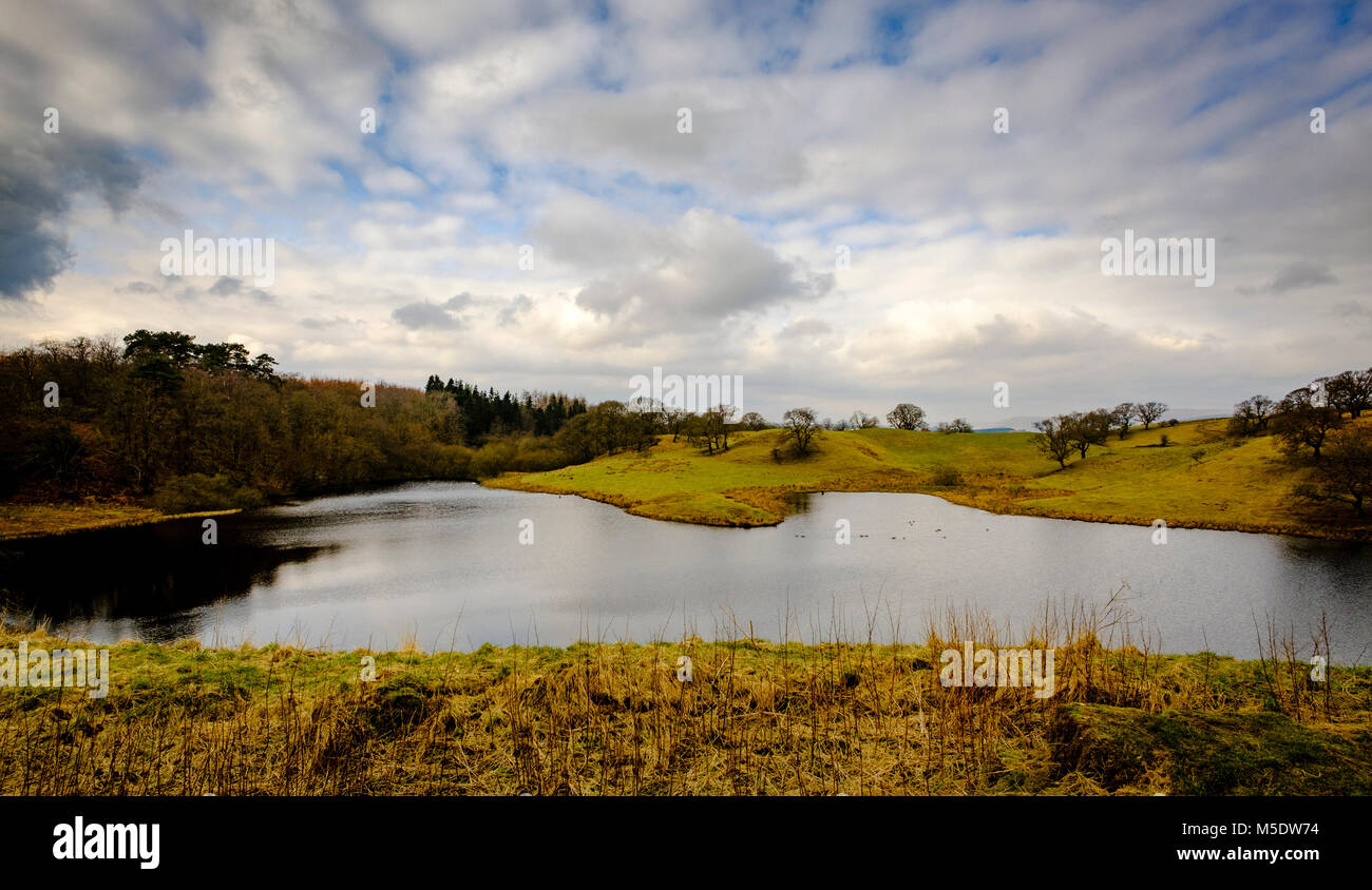Morton Loch from the Castle. Morton Castle is located by an artificial loch in the hills above Nithsdale, in Dumfries and Galloway, south-west Scotlan Stock Photo