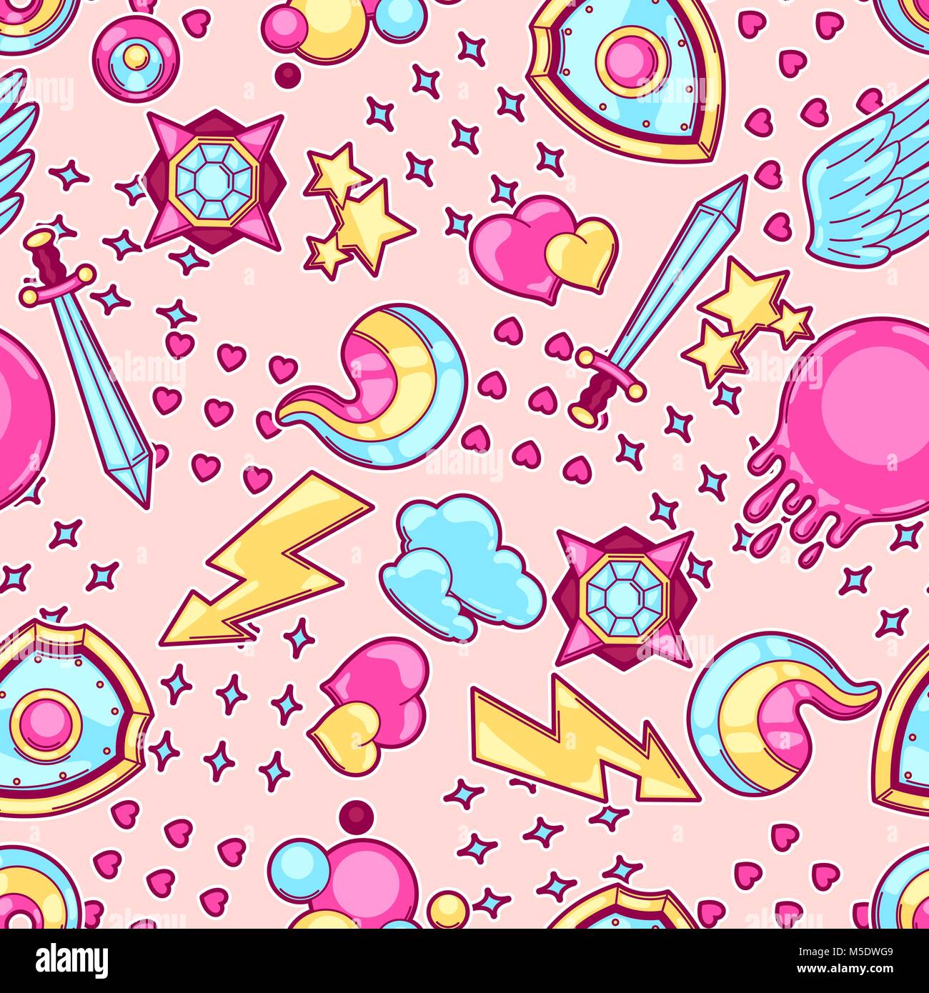 Seamless pattern with cartoon fantasy objects. Fashion symbols in comic ...