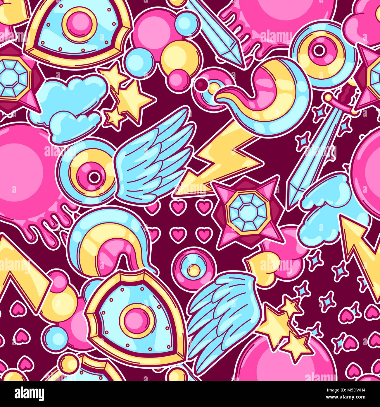 Seamless pattern with cartoon fantasy objects. Fashion symbols in comic style Stock Vector