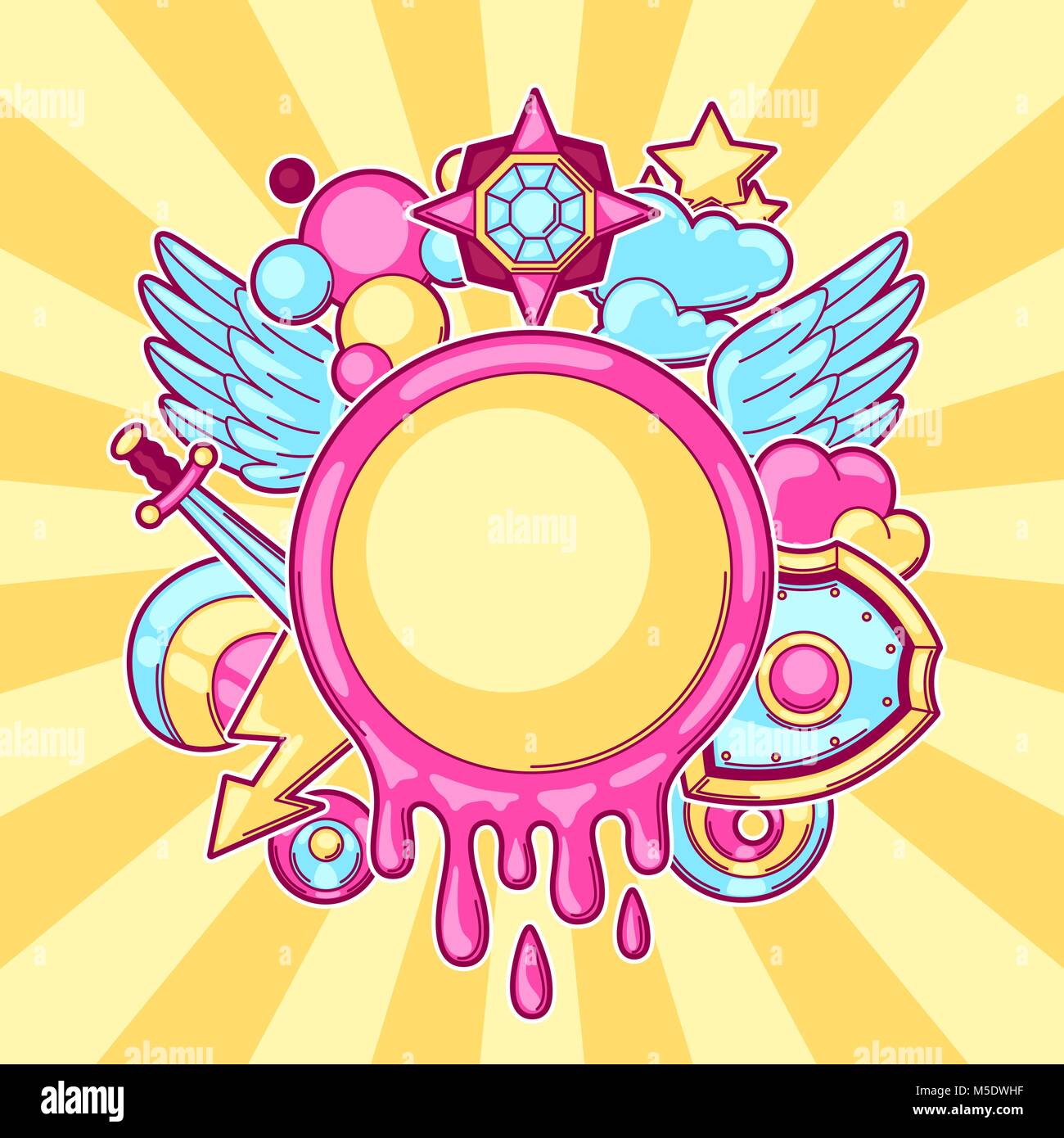 Background with cartoon fantasy objects. Fashion symbols in comic style Stock Vector
