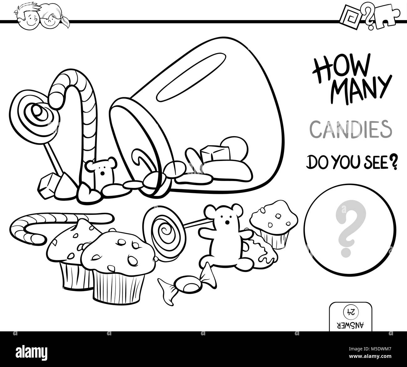 Black and White Cartoon Illustration of Educational Counting Activity Game for Children with Candies Coloring Book Stock Vector