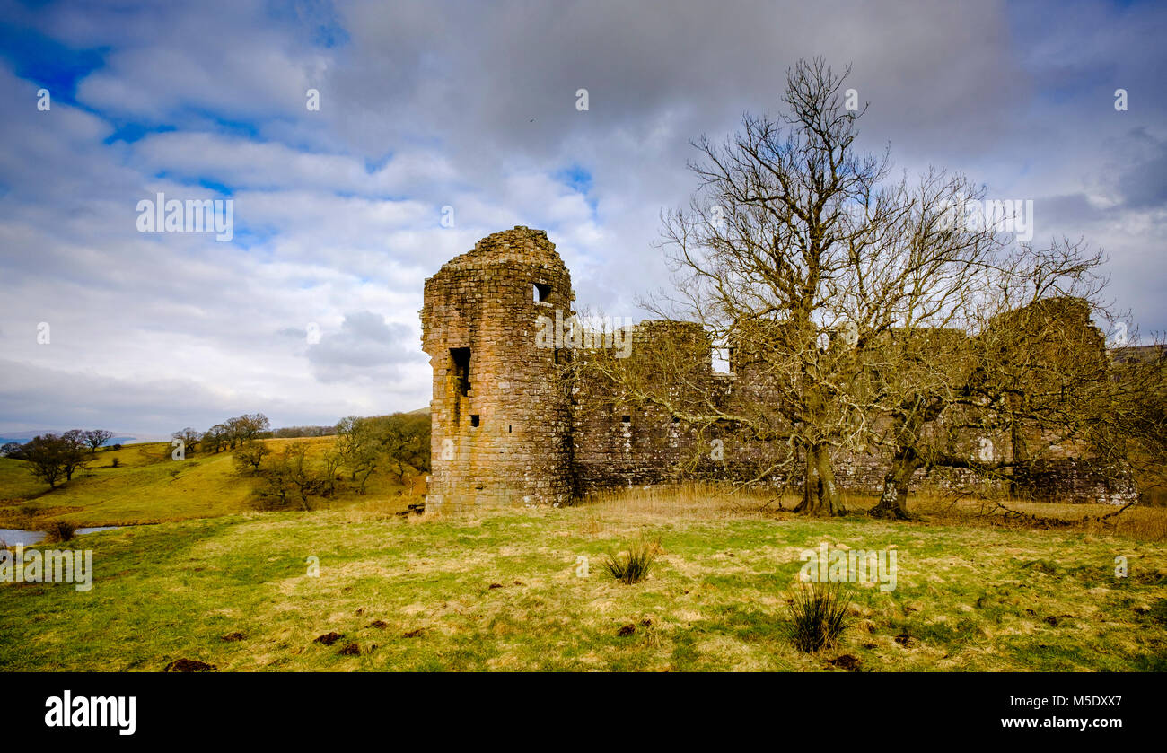 Morton Castle is located by an artificial loch in the hills above Nithsdale, in Dumfries and Galloway, south-west Scotland. It lies 2.5 miles north-ea Stock Photo