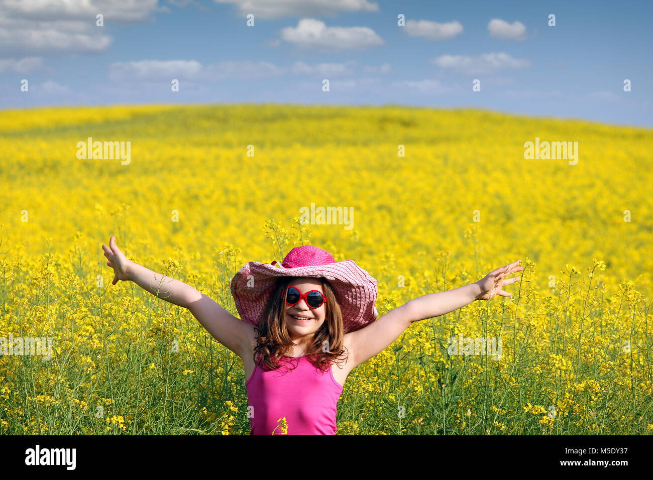 happy little girl with hands up on field spring season Stock Photo - Alamy